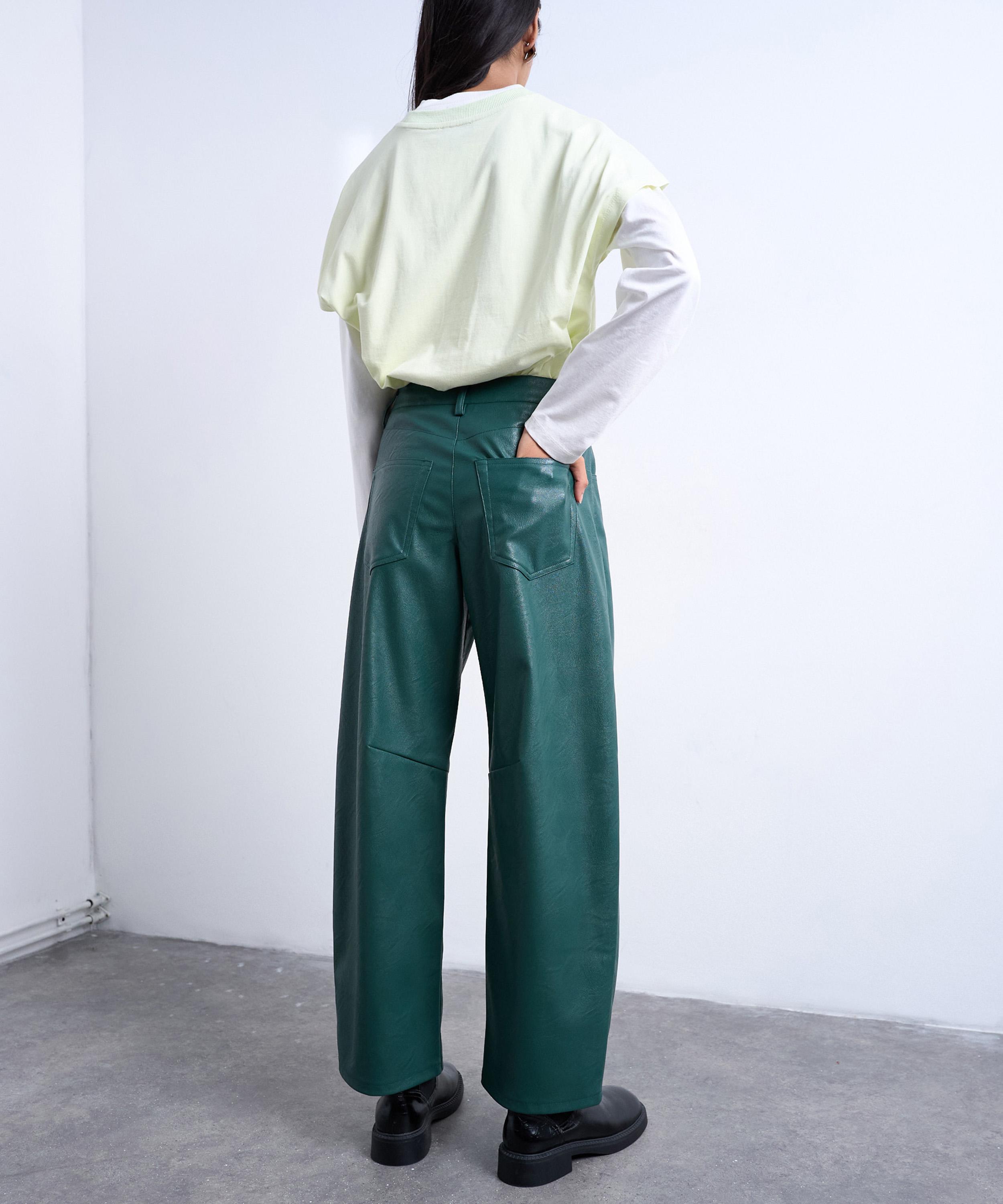 TOPSHOP - Teal Faux Leather Barrel Leg Trousers image number 3