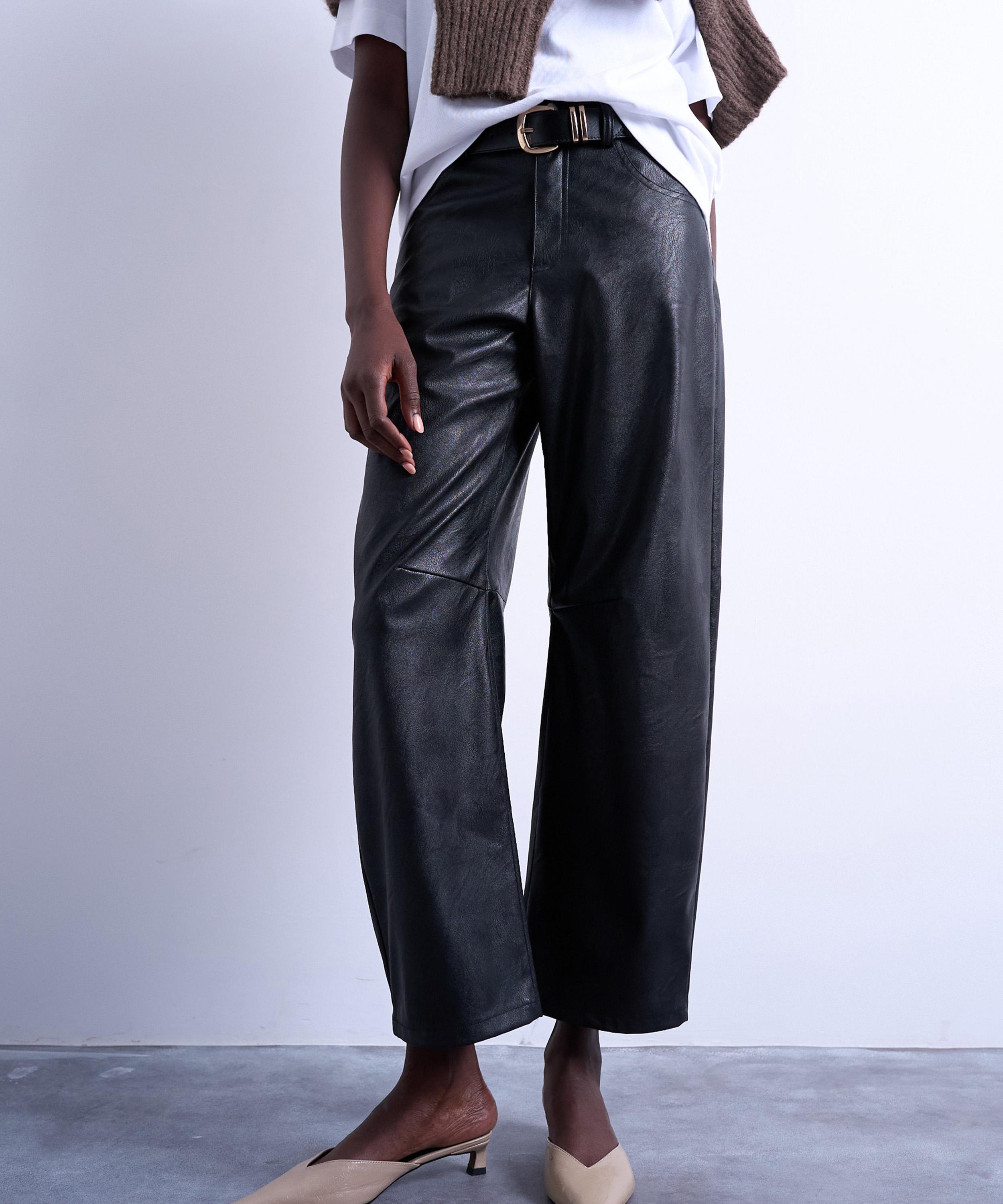 TOPSHOP - Black Faux Leather Barrel Leg Trousers