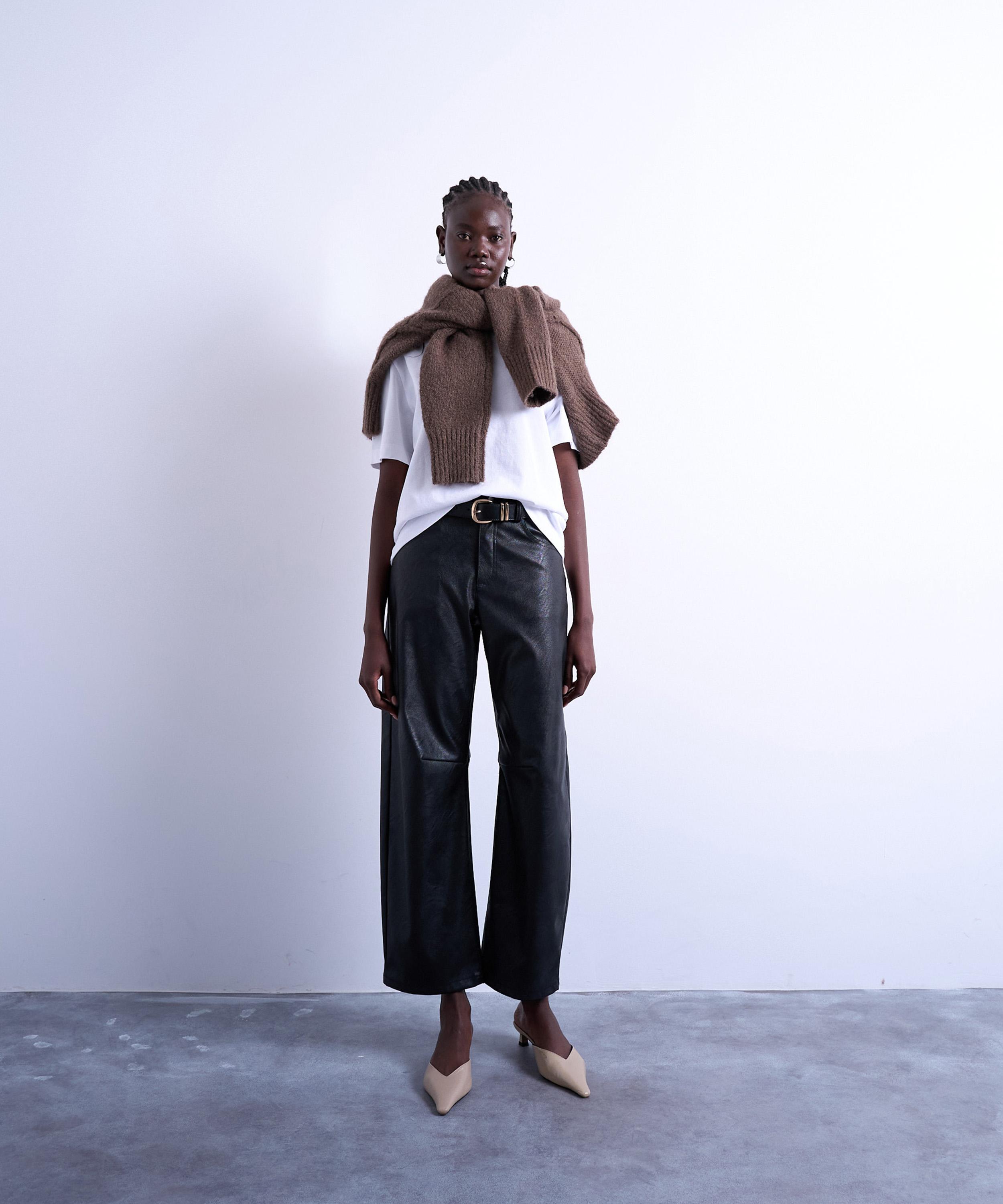 TOPSHOP - Black Faux Leather Barrel Leg Trousers image number 1