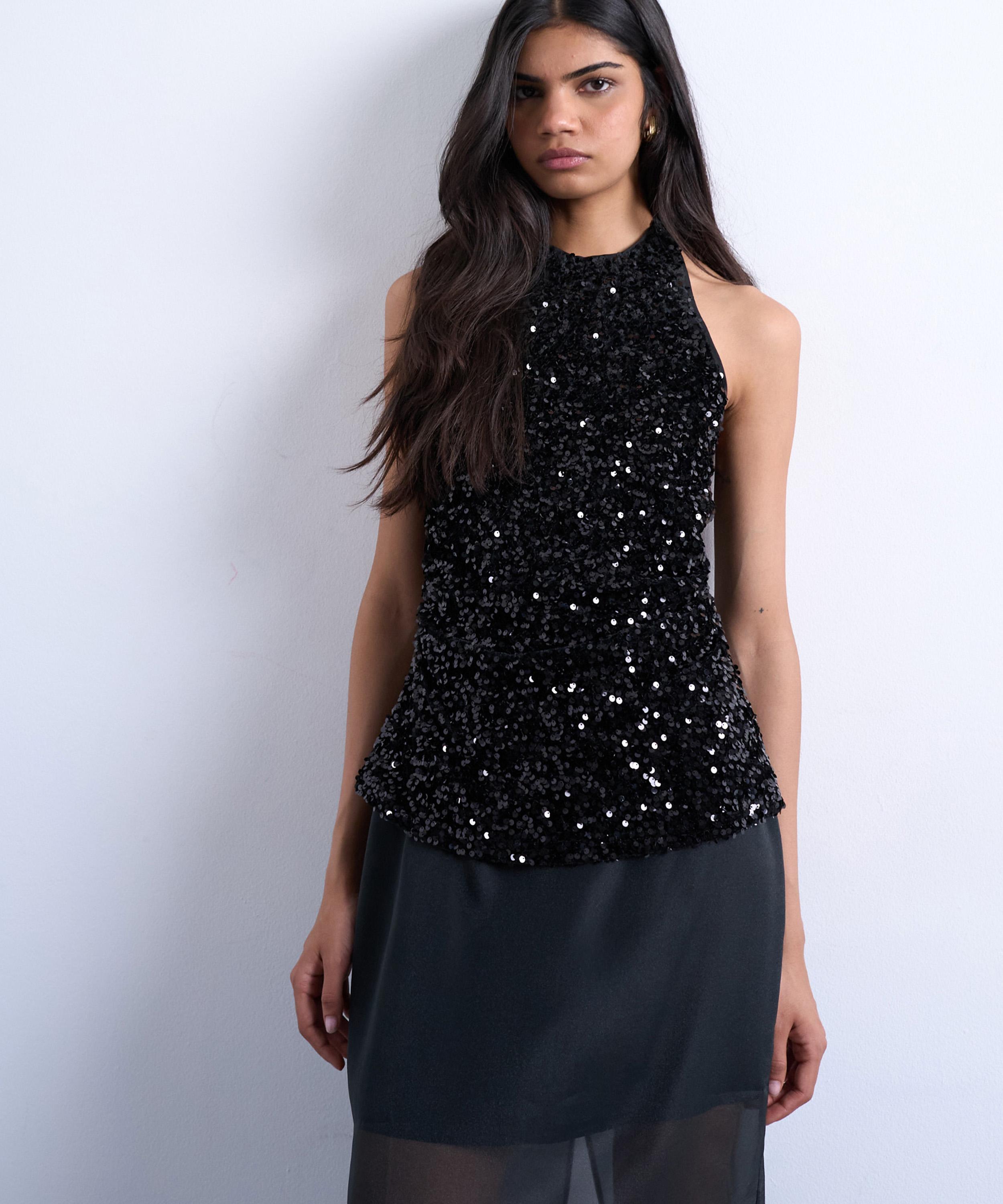 TOPSHOP - Black Velvet Sequin Halter Top