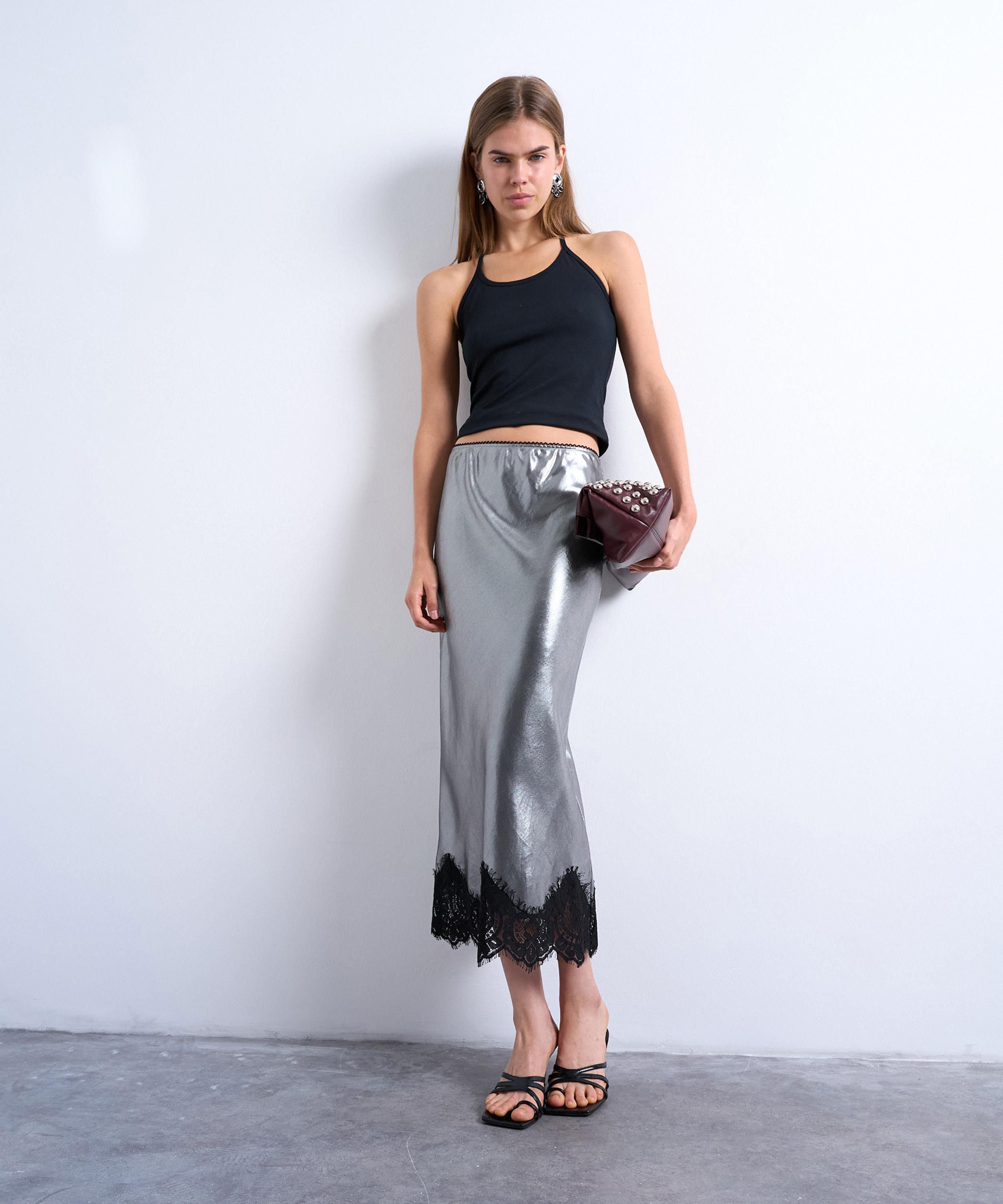 TOPSHOP - Metallic Lace Hem Midi Skirt