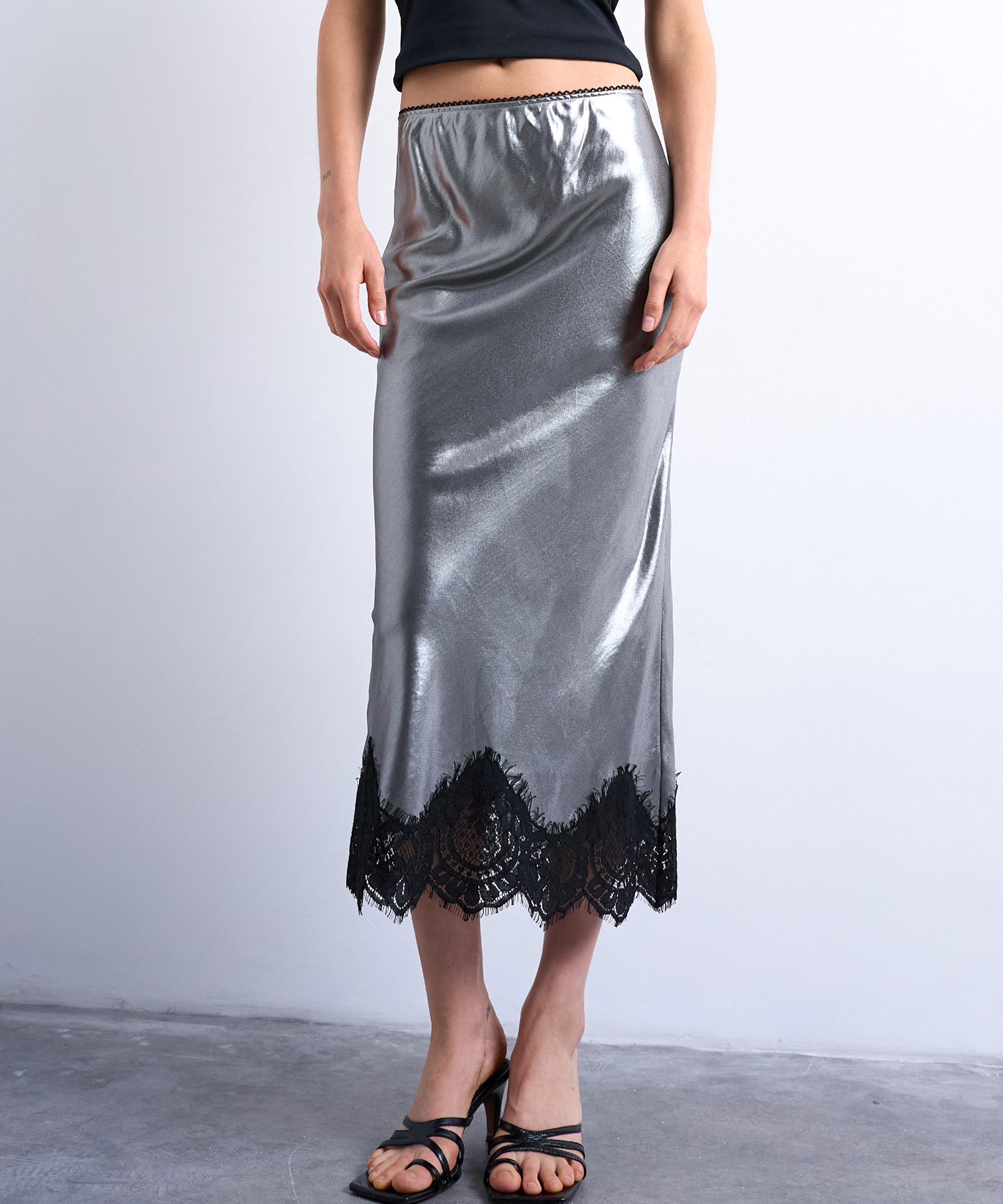 TOPSHOP - Metallic Lace Hem Midi Skirt image number 1