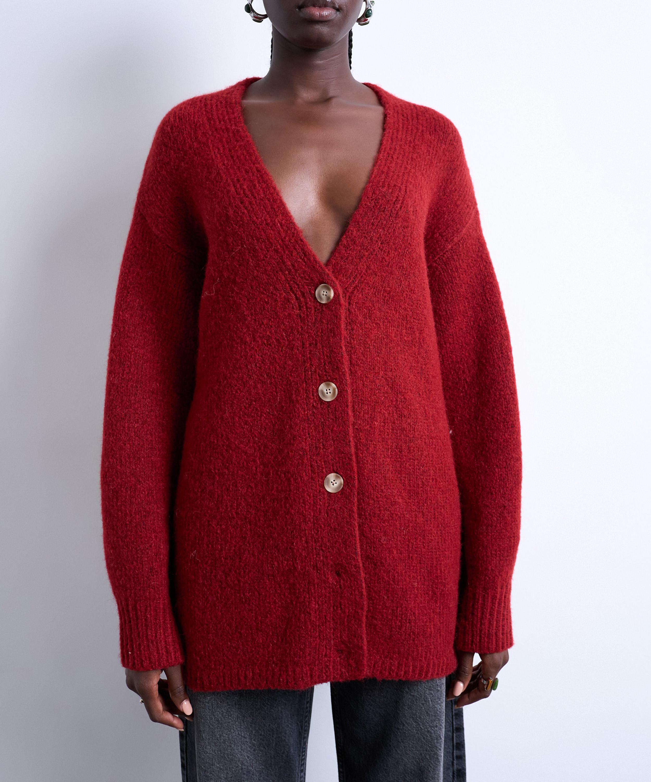 TOPSHOP - Red Knitted Oversized Boyfriend Longline Easy Cardigan