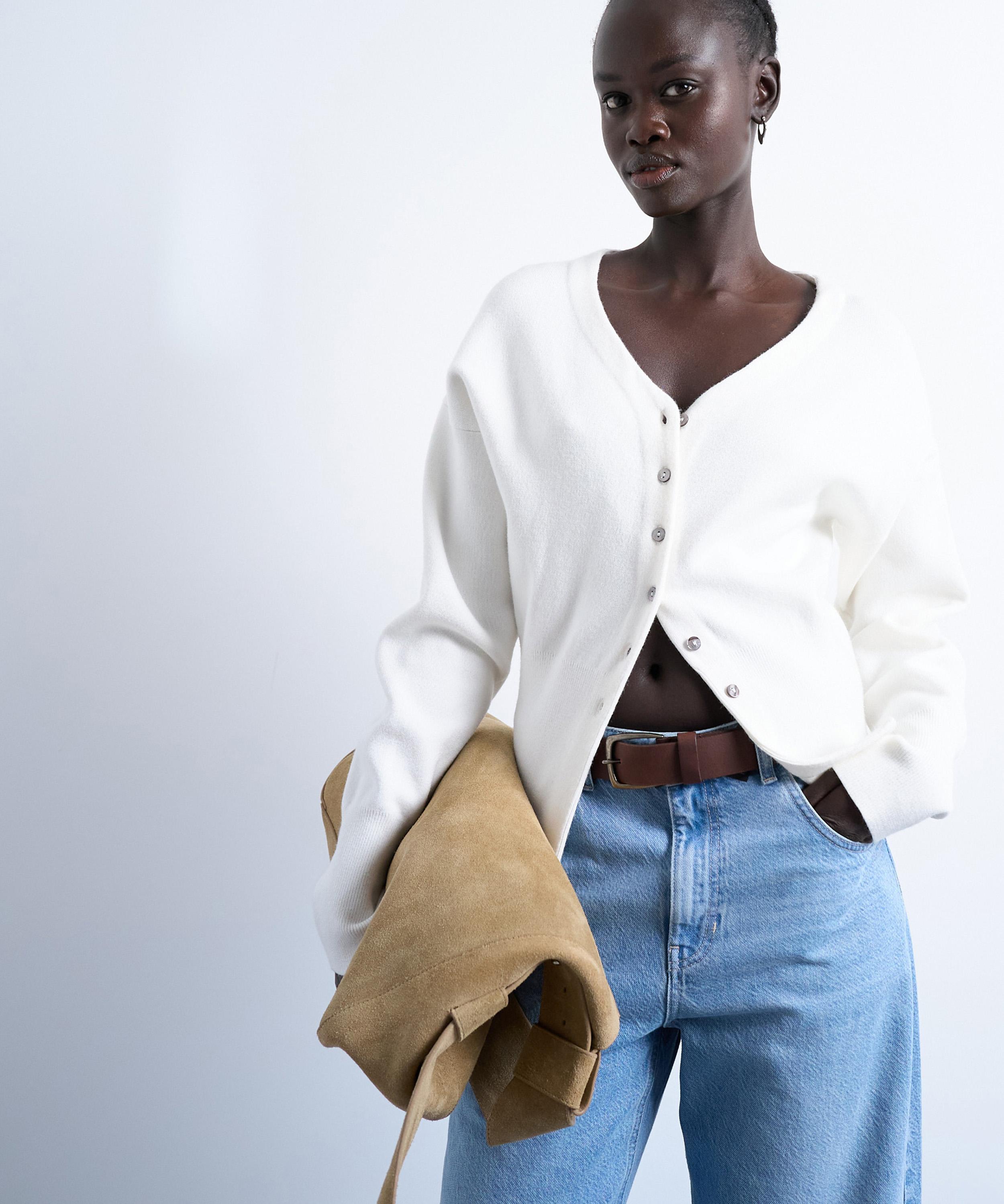 TOPSHOP - Ivory Knitted V Neck Longline Clean Cinch Waist Cardigan