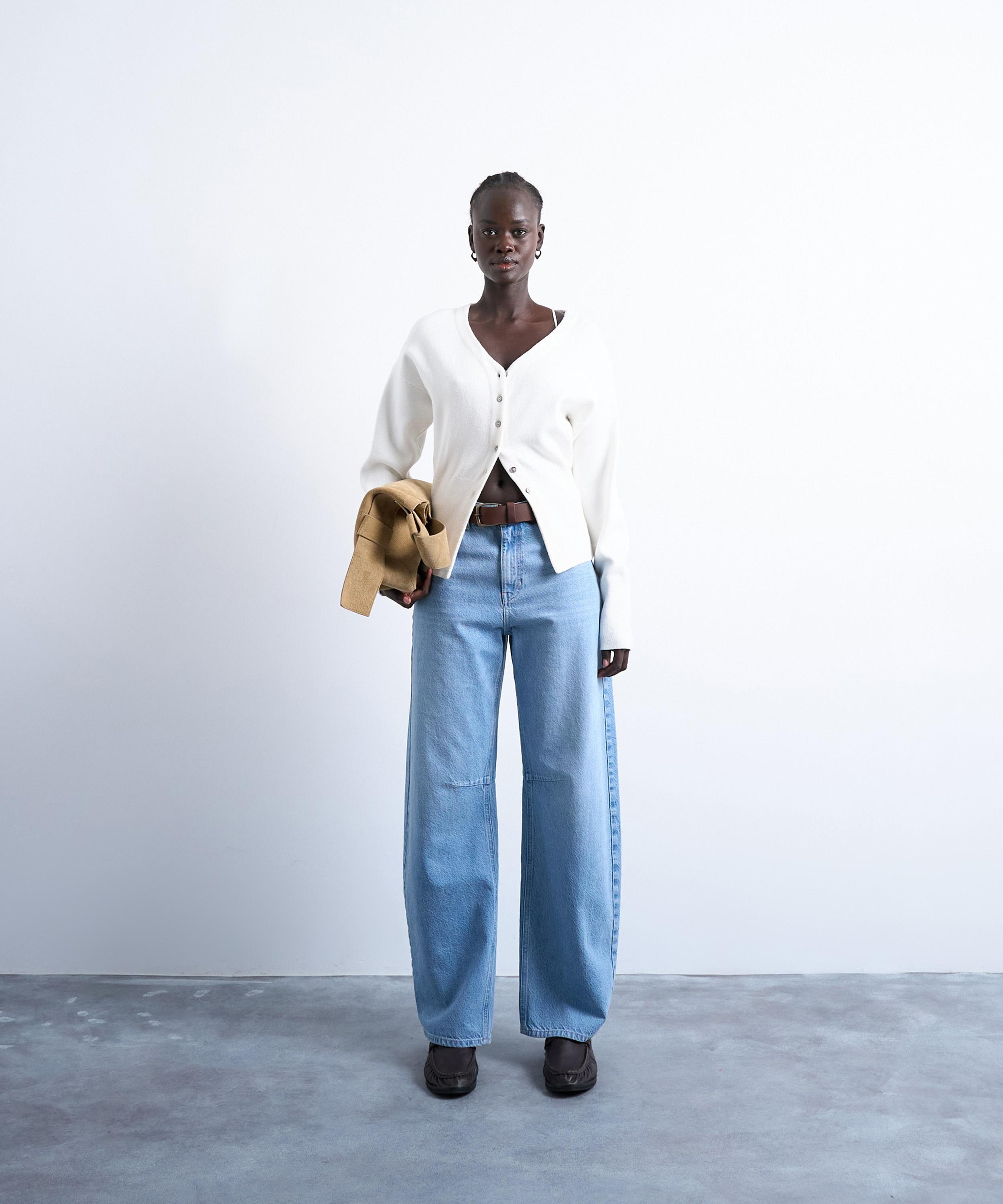 TOPSHOP - Ivory Knitted V Neck Longline Clean Cinch Waist Cardigan image number 1