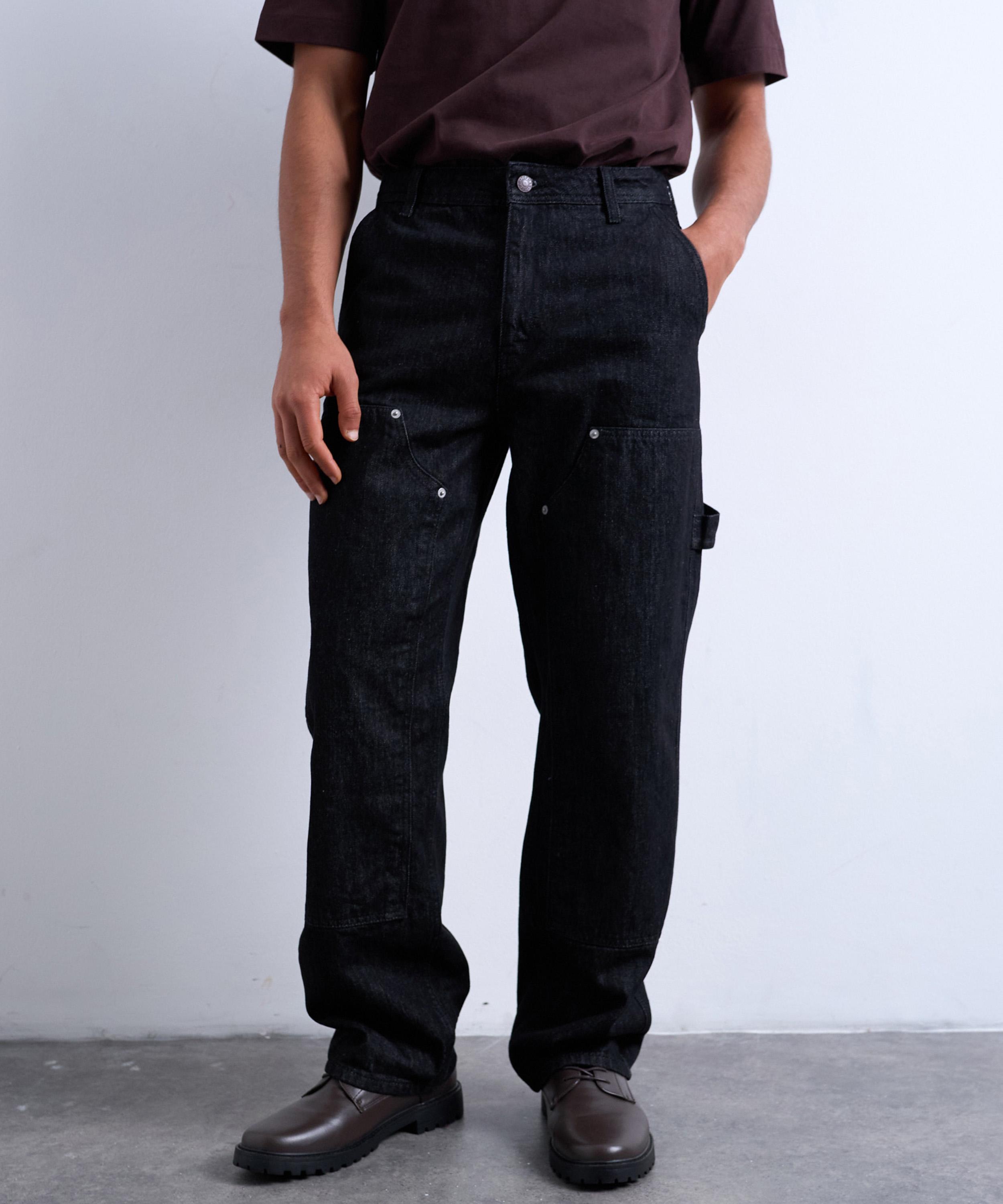 TOPMAN - Black Baggy Carpenter Raw Jeans