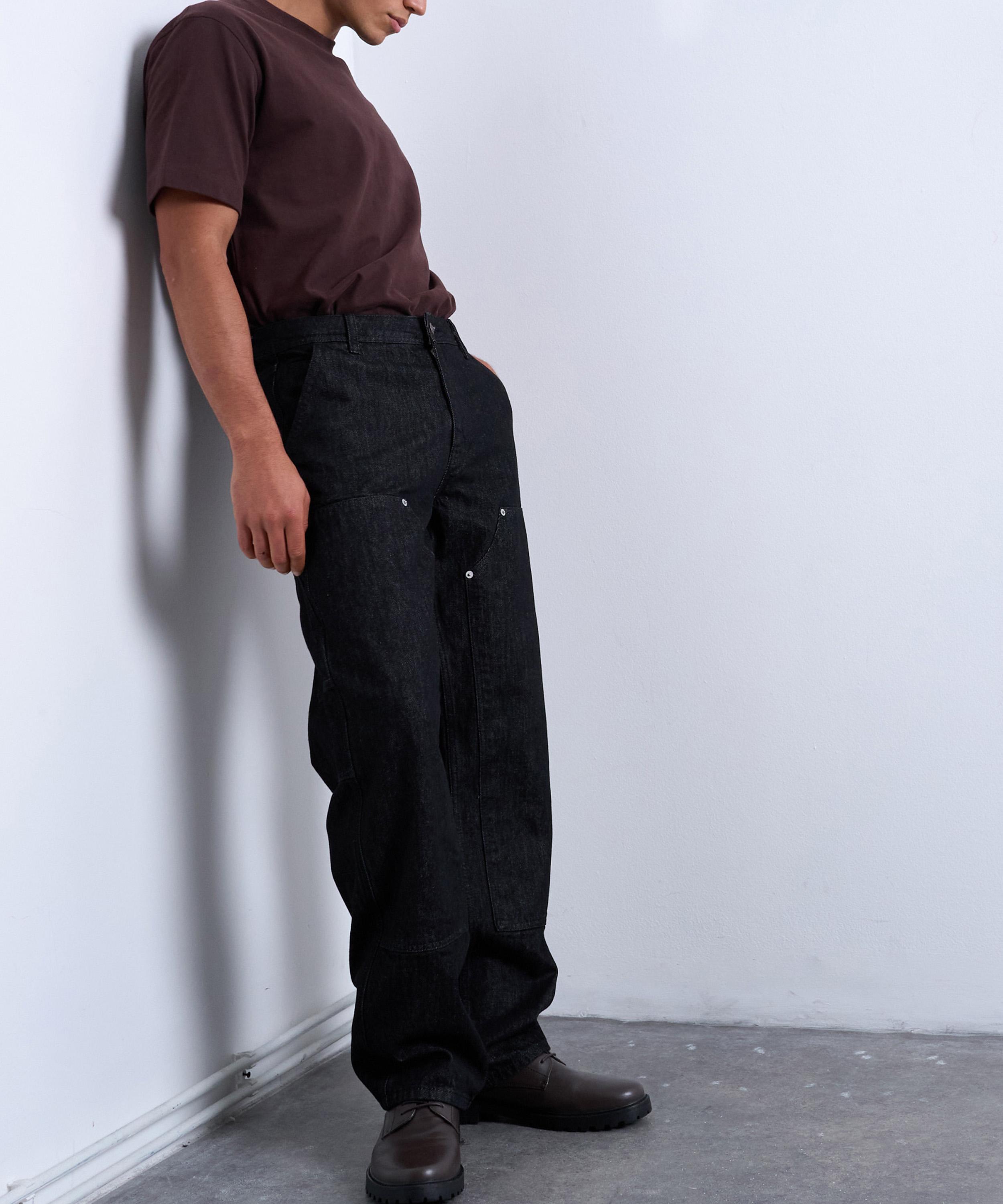 TOPMAN - Black Baggy Carpenter Raw Jeans image number 1