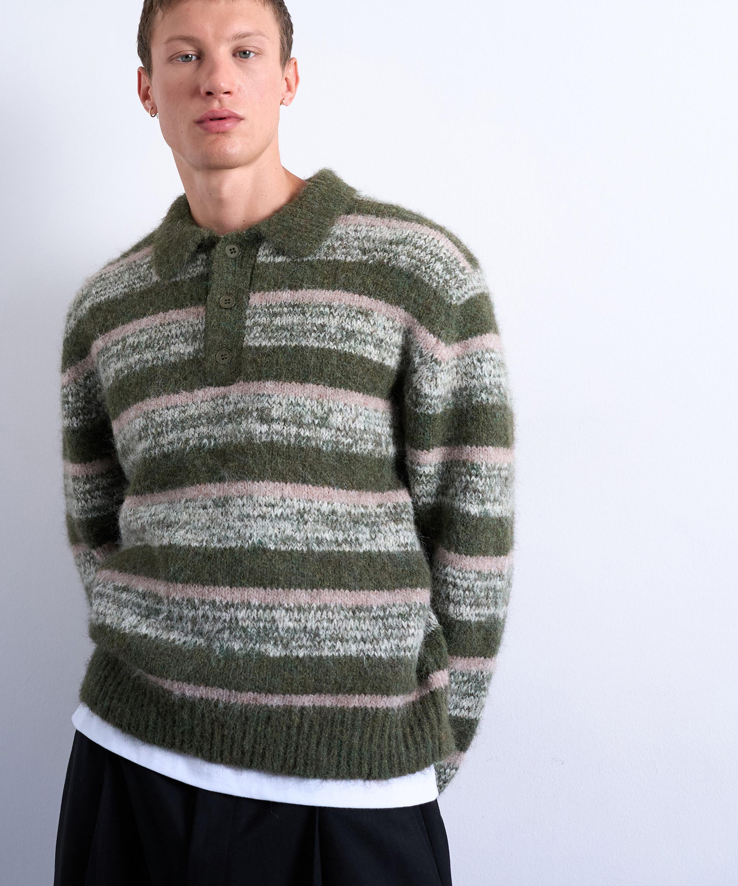 TOPMAN - Khaki Knitted Striped Polo Jumper