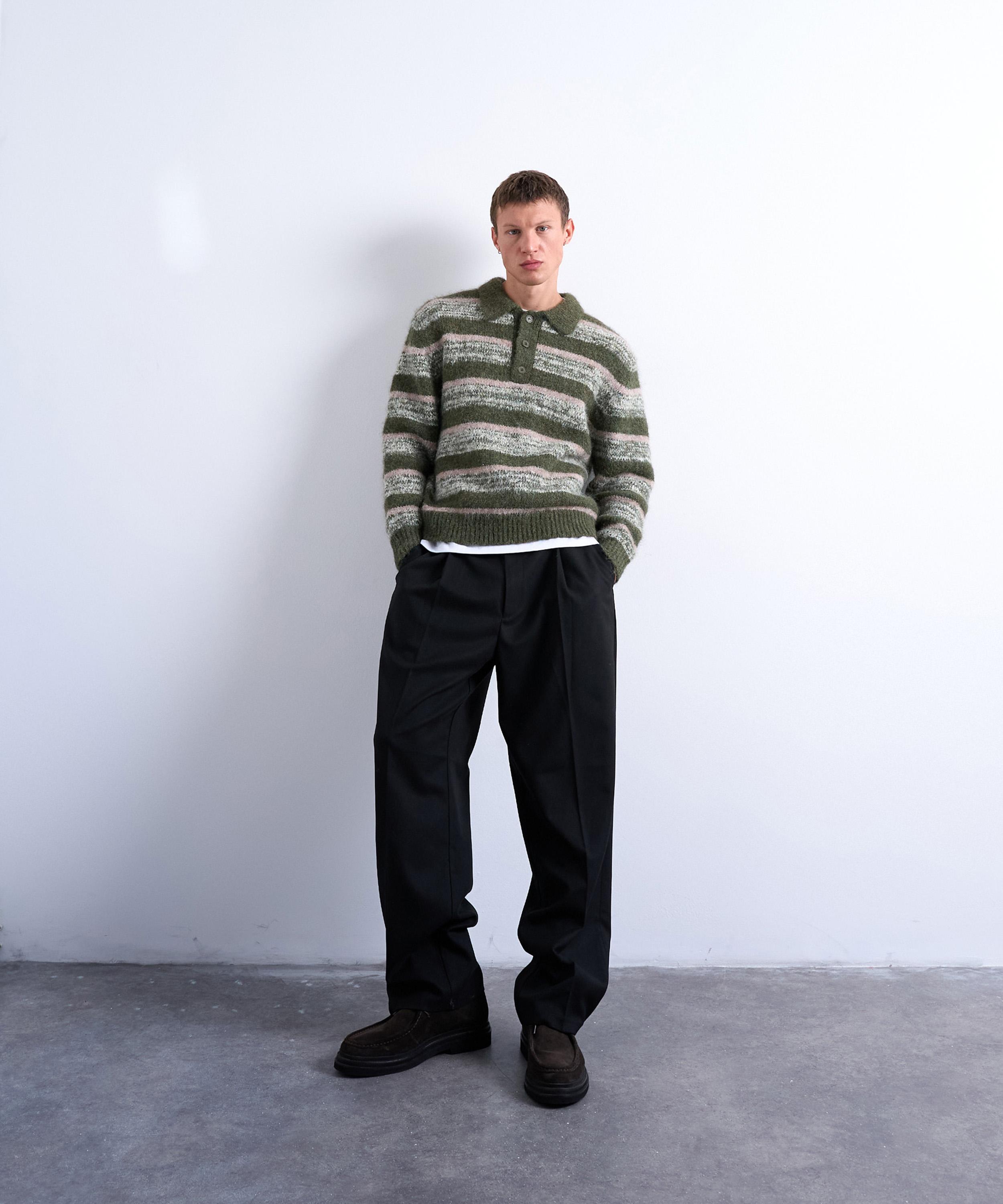 TOPMAN - Khaki Knitted Striped Polo Jumper image number 1