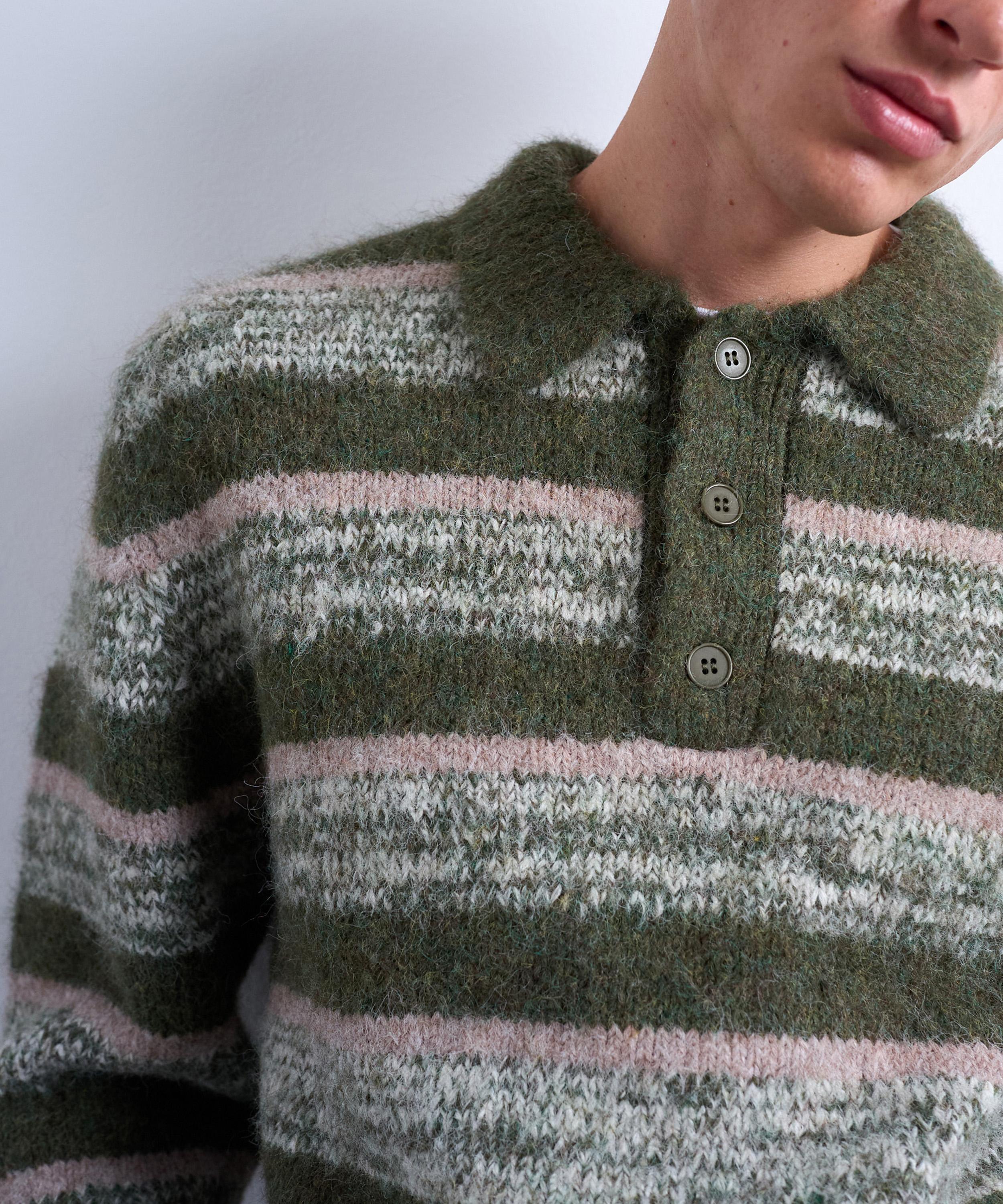 TOPMAN - Khaki Knitted Striped Polo Jumper image number 2