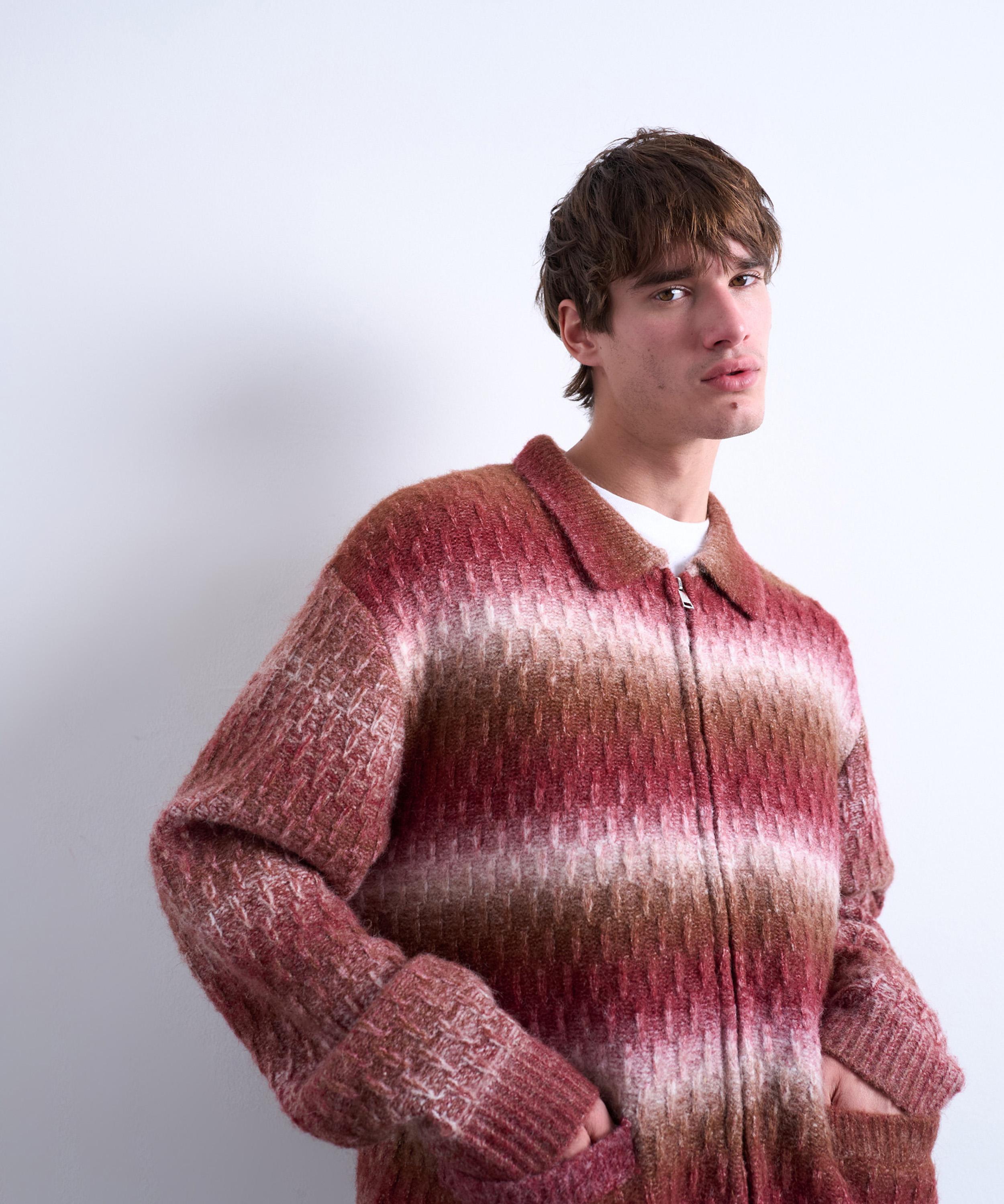 TOPMAN - Brown Knitted Blend Zip-Through Cardigan image number 3