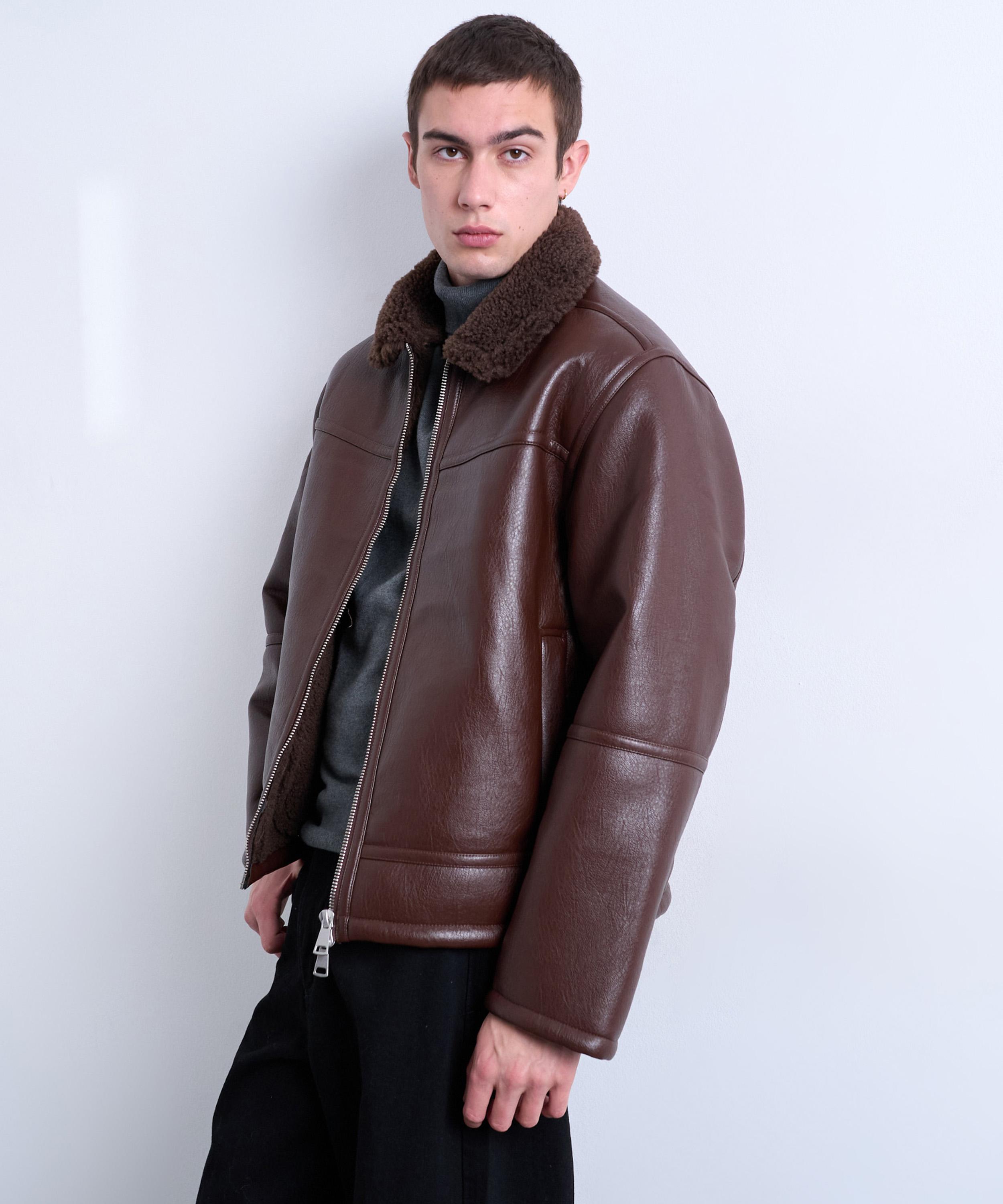 TOPMAN - Brown Faux Shearling Jacket with Zip Pockets
