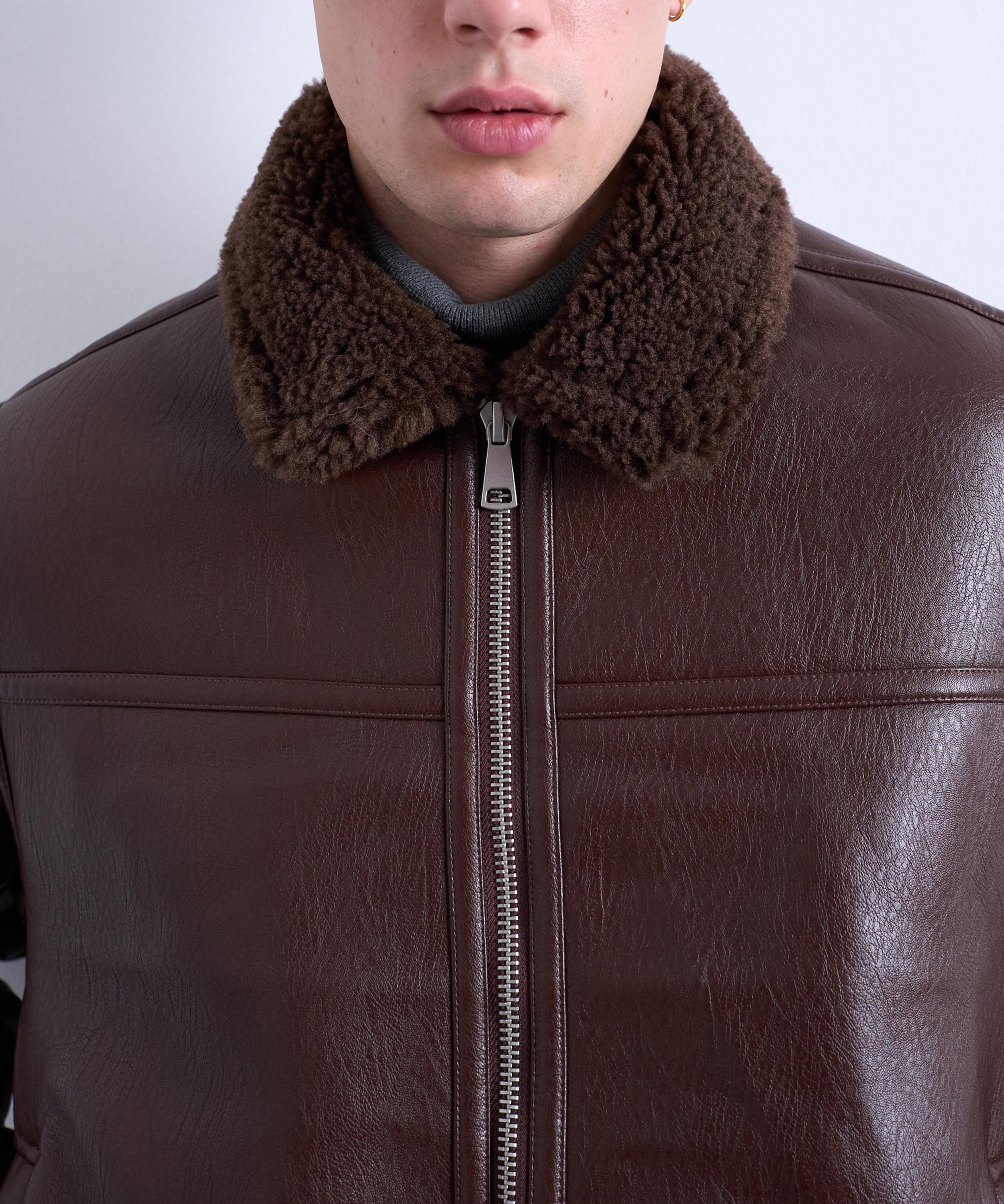 TOPMAN - Brown Faux Shearling Jacket with Zip Pockets image number 1