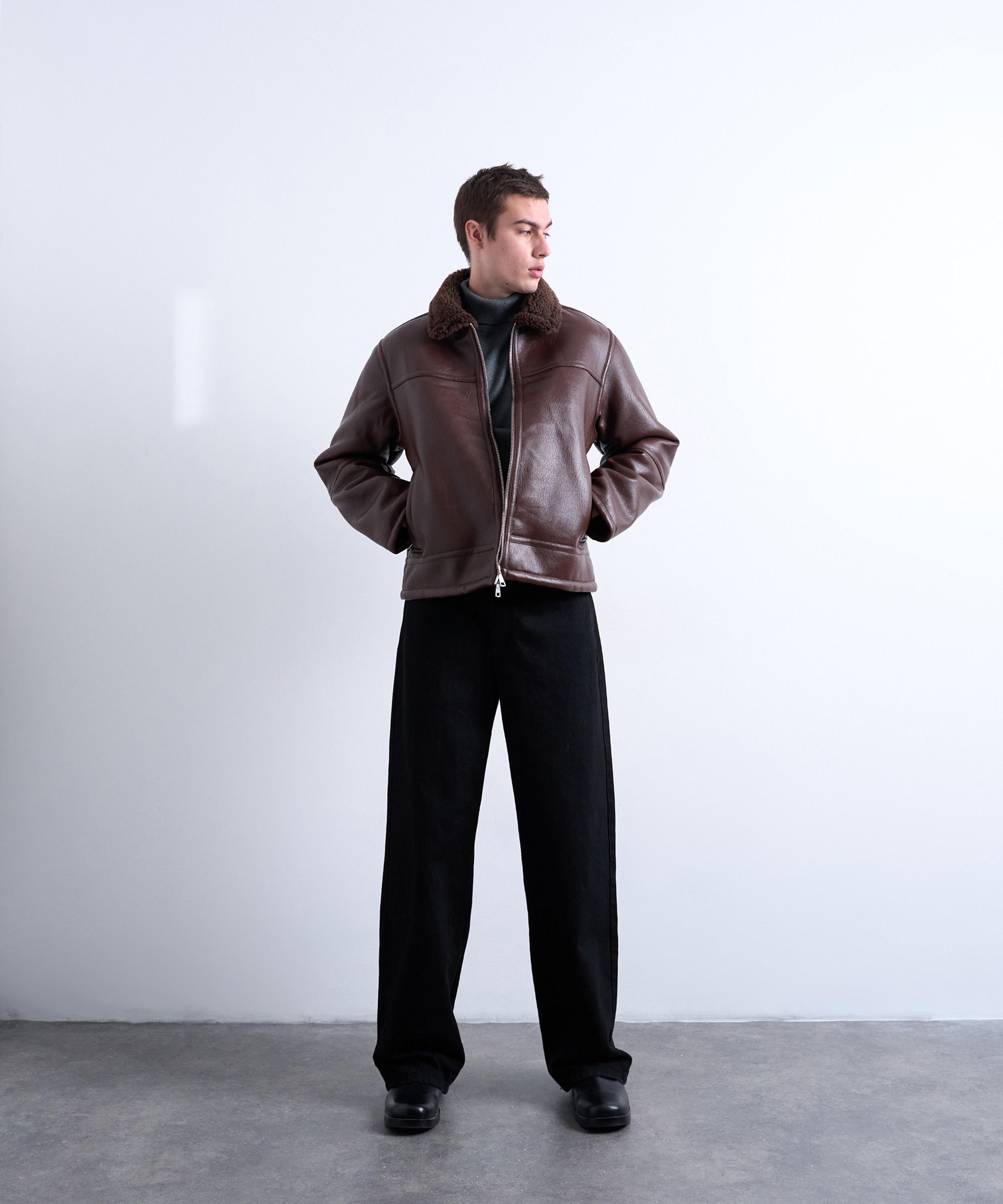 TOPMAN - Brown Faux Shearling Jacket with Zip Pockets image number 2