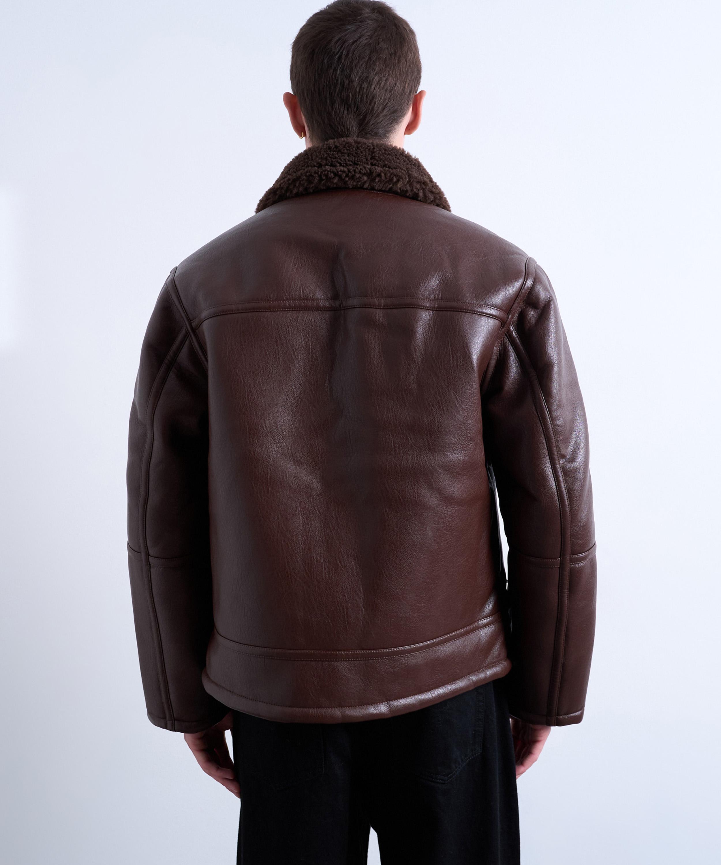 TOPMAN - Brown Faux Shearling Jacket with Zip Pockets image number 4