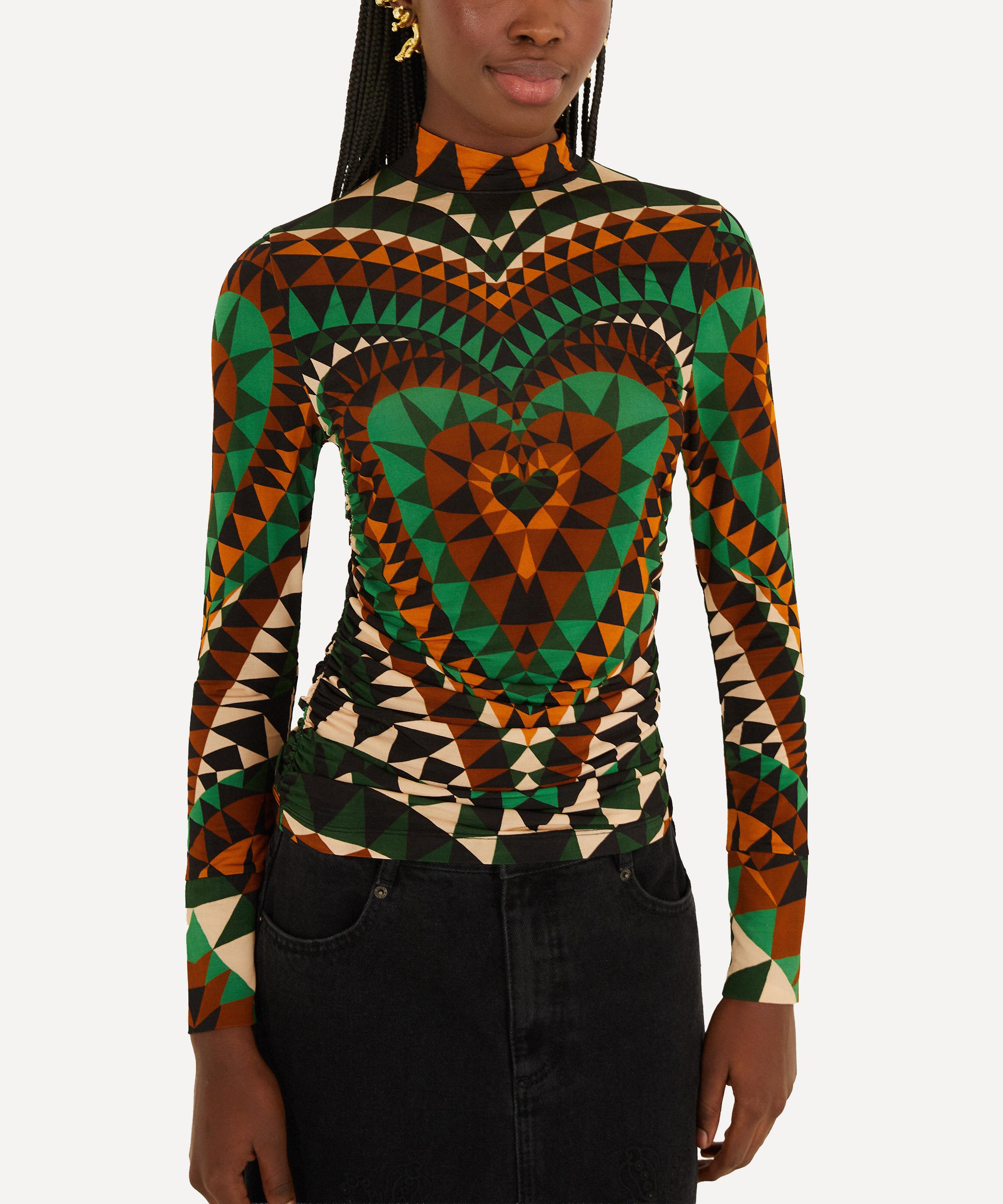 FARM Rio - Green Heart Deco Ruched Waist Jersey Blouse