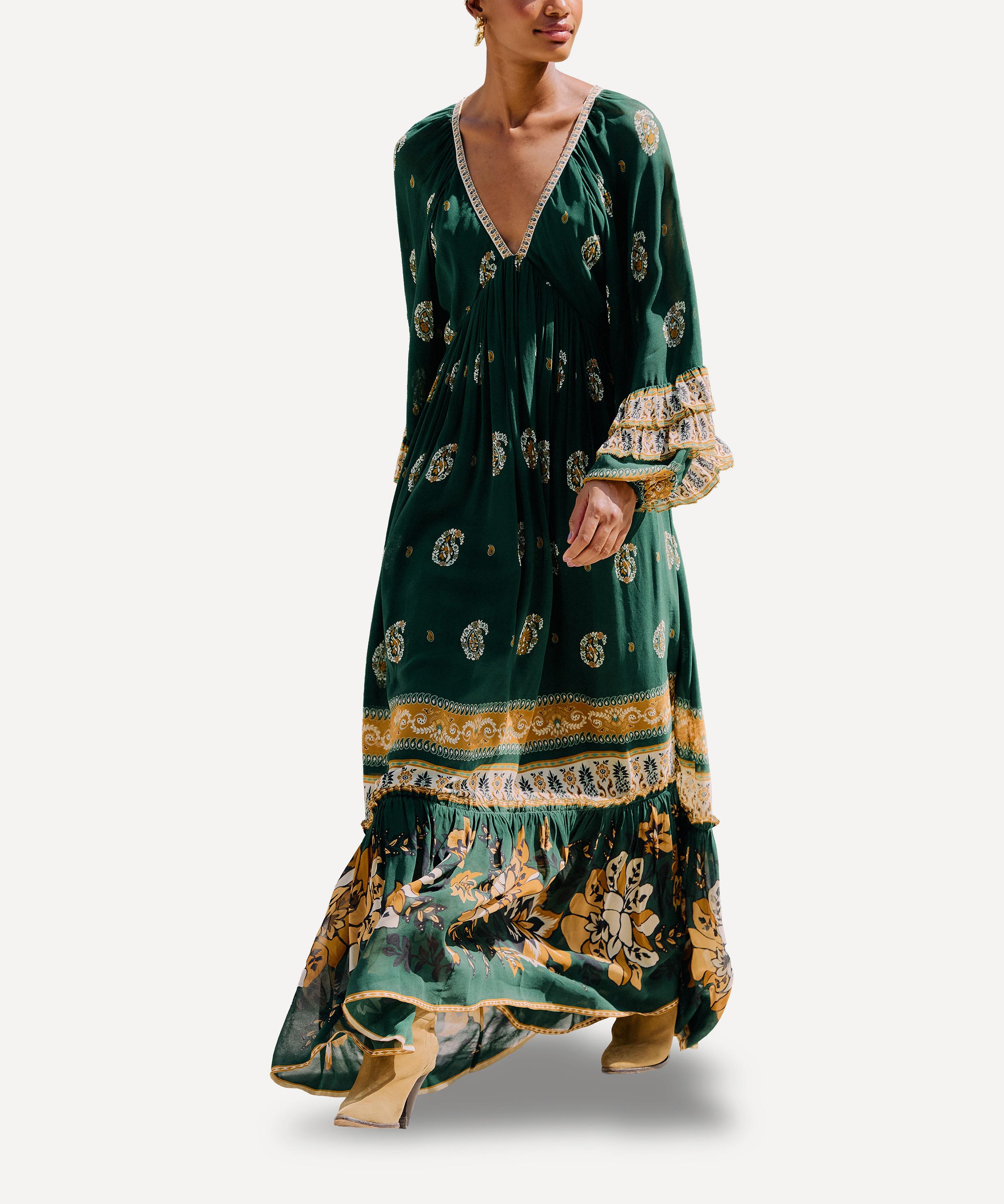 FARM Rio - Green Ayla Long-Sleeve Ruffled Maxi Dress