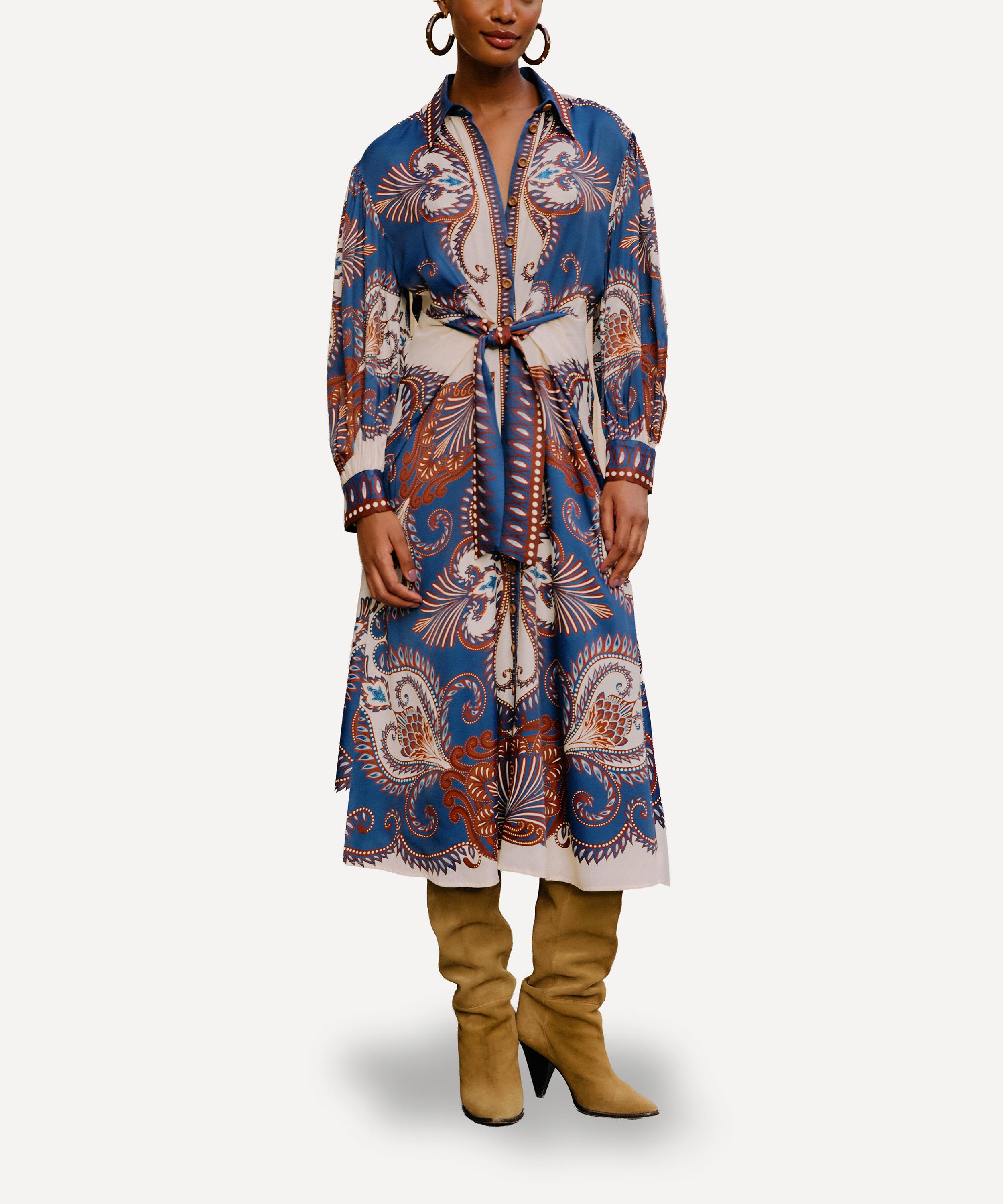 FARM Rio - Blue Arabesque Scarf Midi Shirt Dress