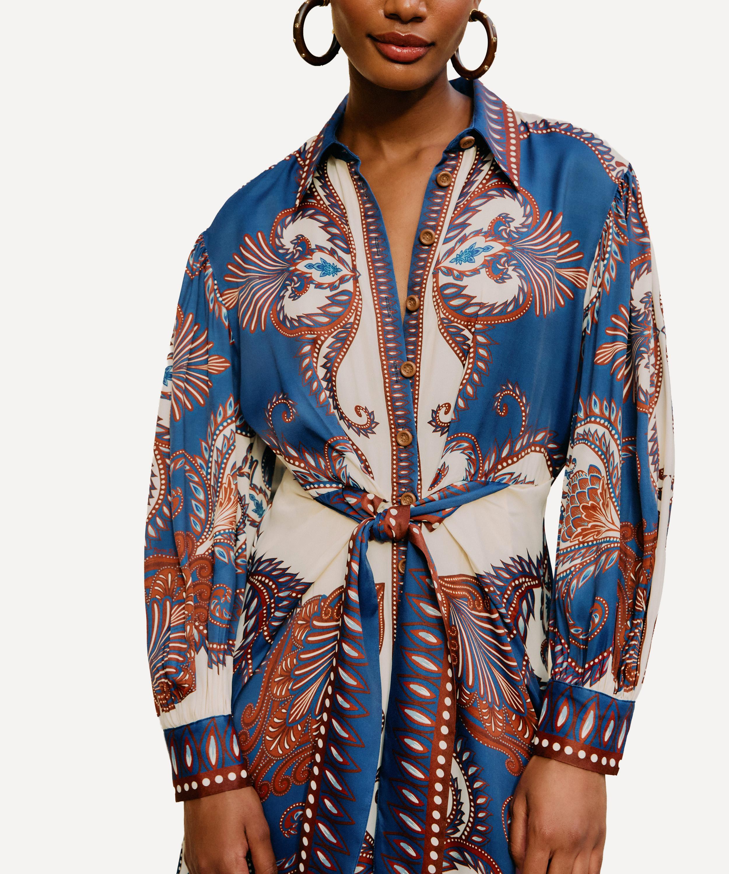 FARM Rio - Blue Arabesque Scarf Midi Shirt Dress image number 2