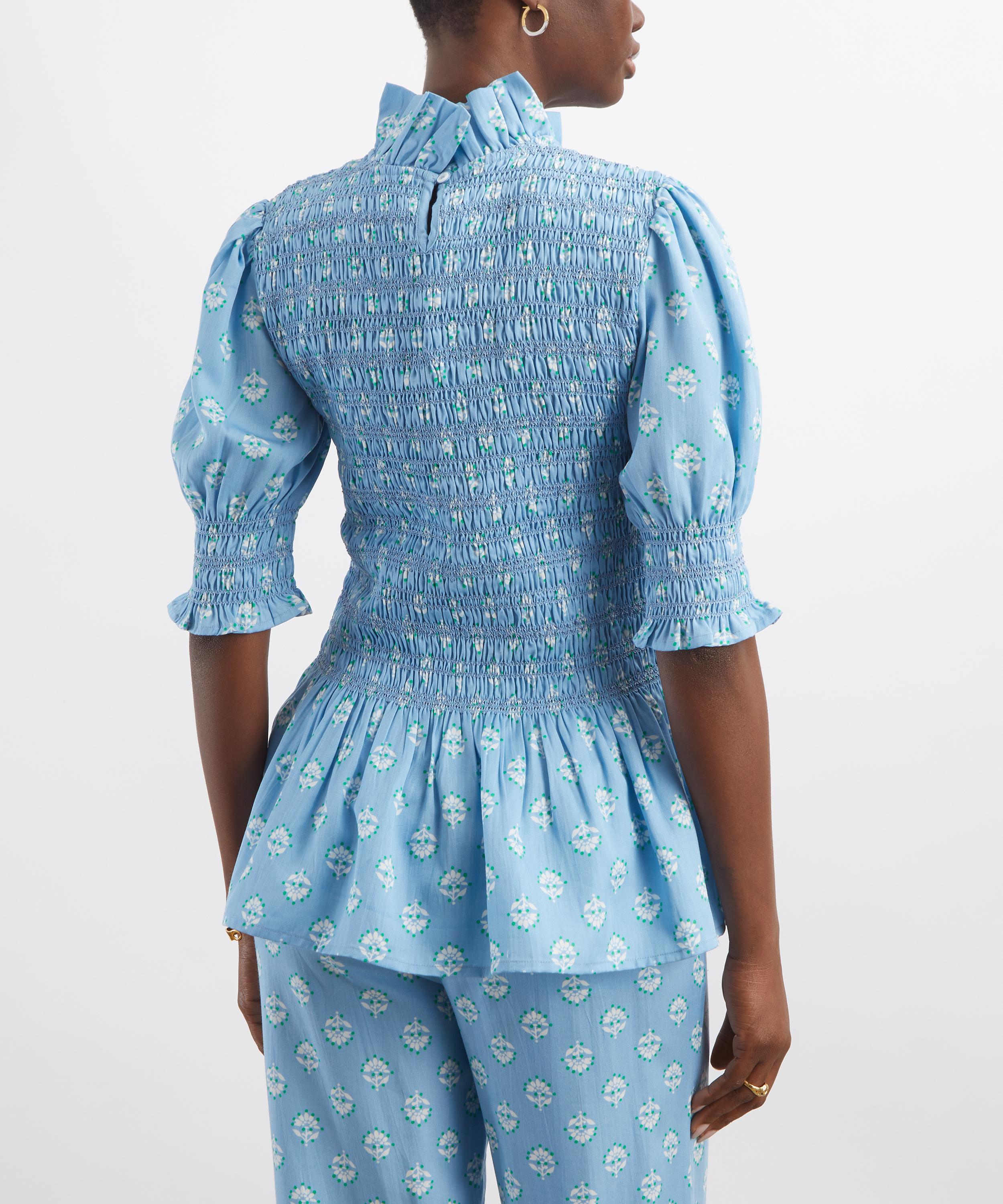 Maria de la Orden - Aleria Blue Flowers Short-Sleeve Top image number 2