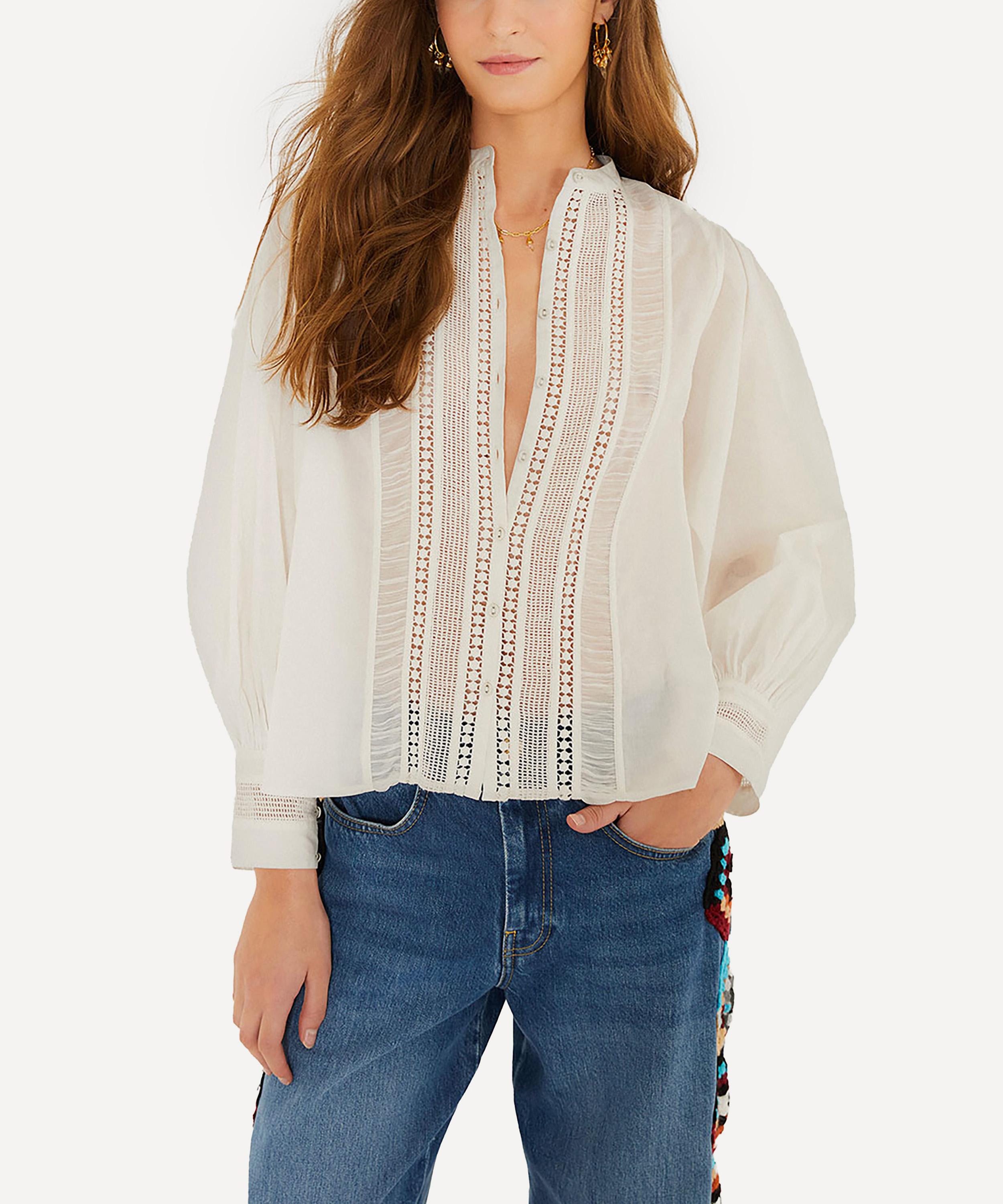 FARM Rio - Off-White Long-Sleeve Buttoned Lace Blouse image number 0