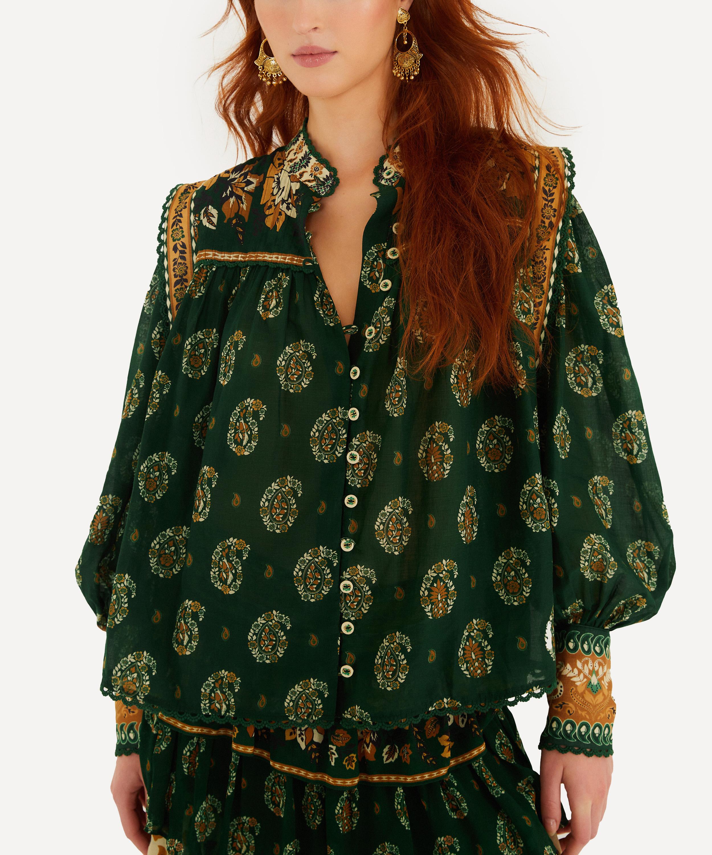FARM Rio Green Tayla Lace Buttoned Puff Sleeve Blouse | Liberty