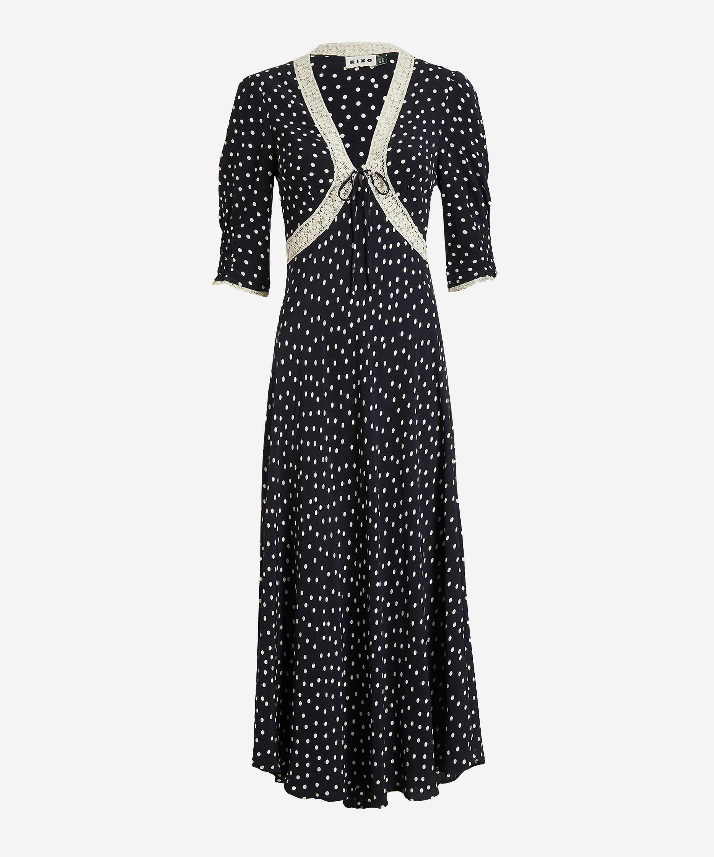 RIXO - Amina Layla Dot Navy Midi Dress