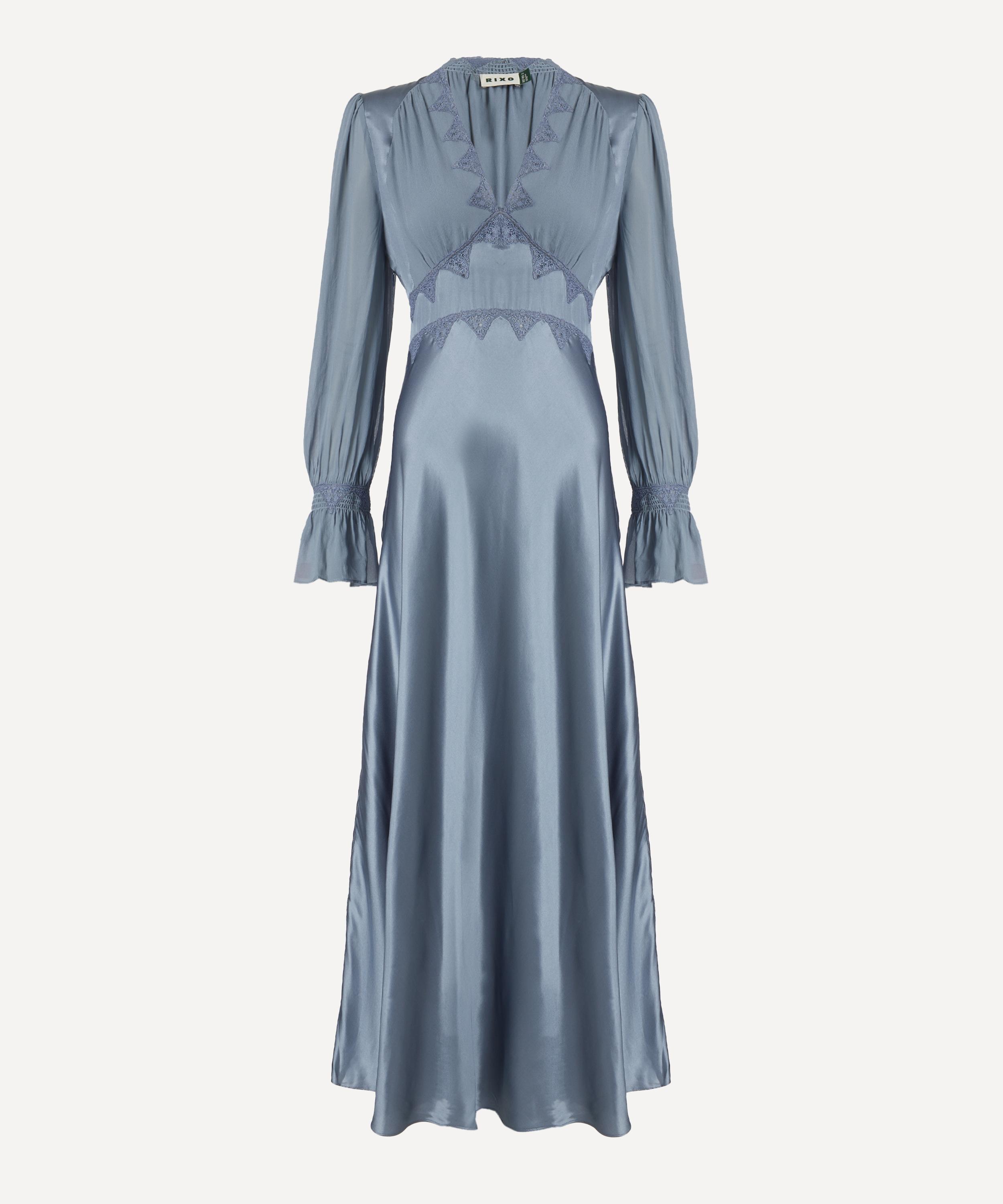 RIXO - Arlena Stone Blue Silk-Satin Dress