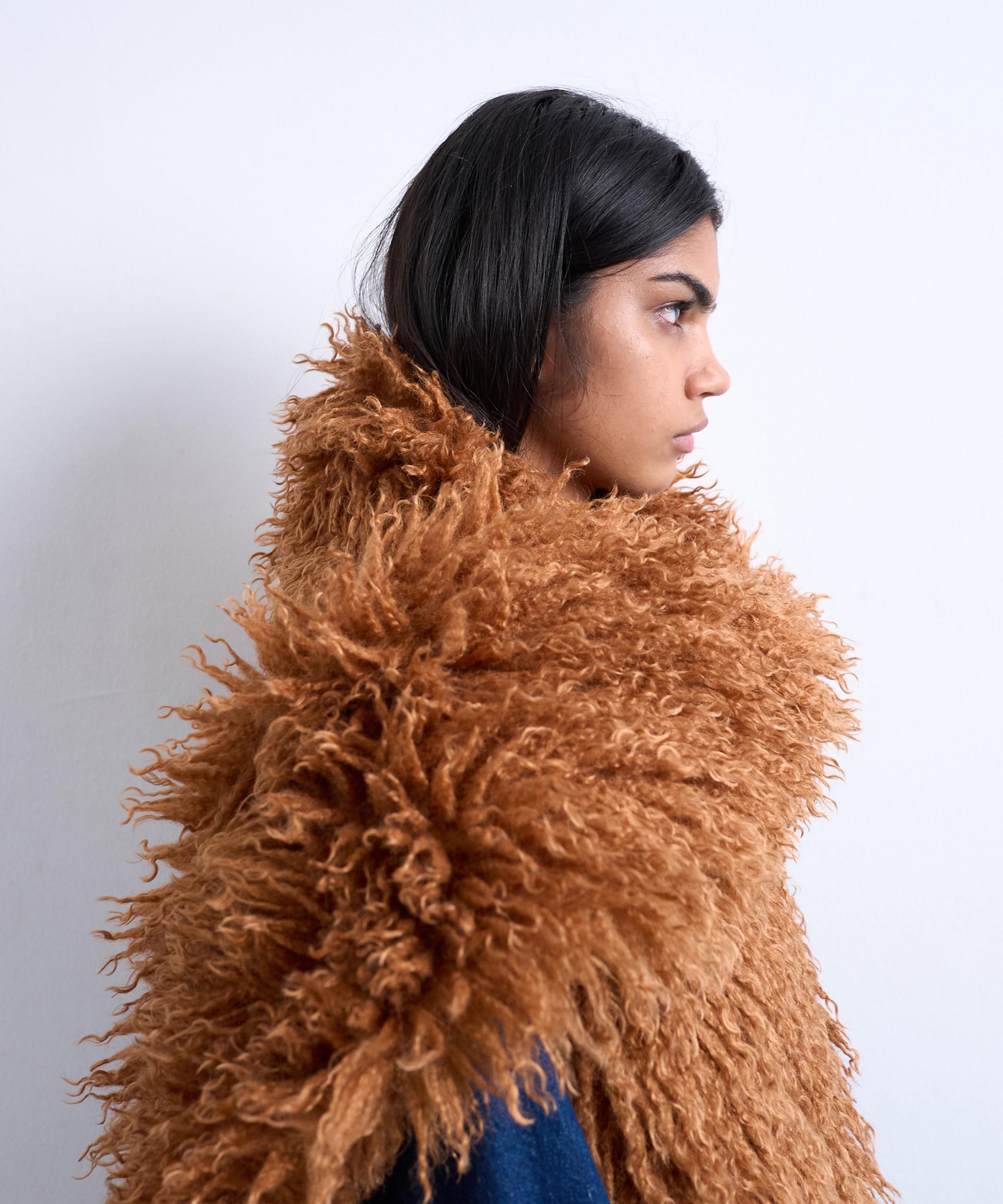 TOPSHOP - Tan Sara Shaggy Faux Fur Blanket Scarf image number 1