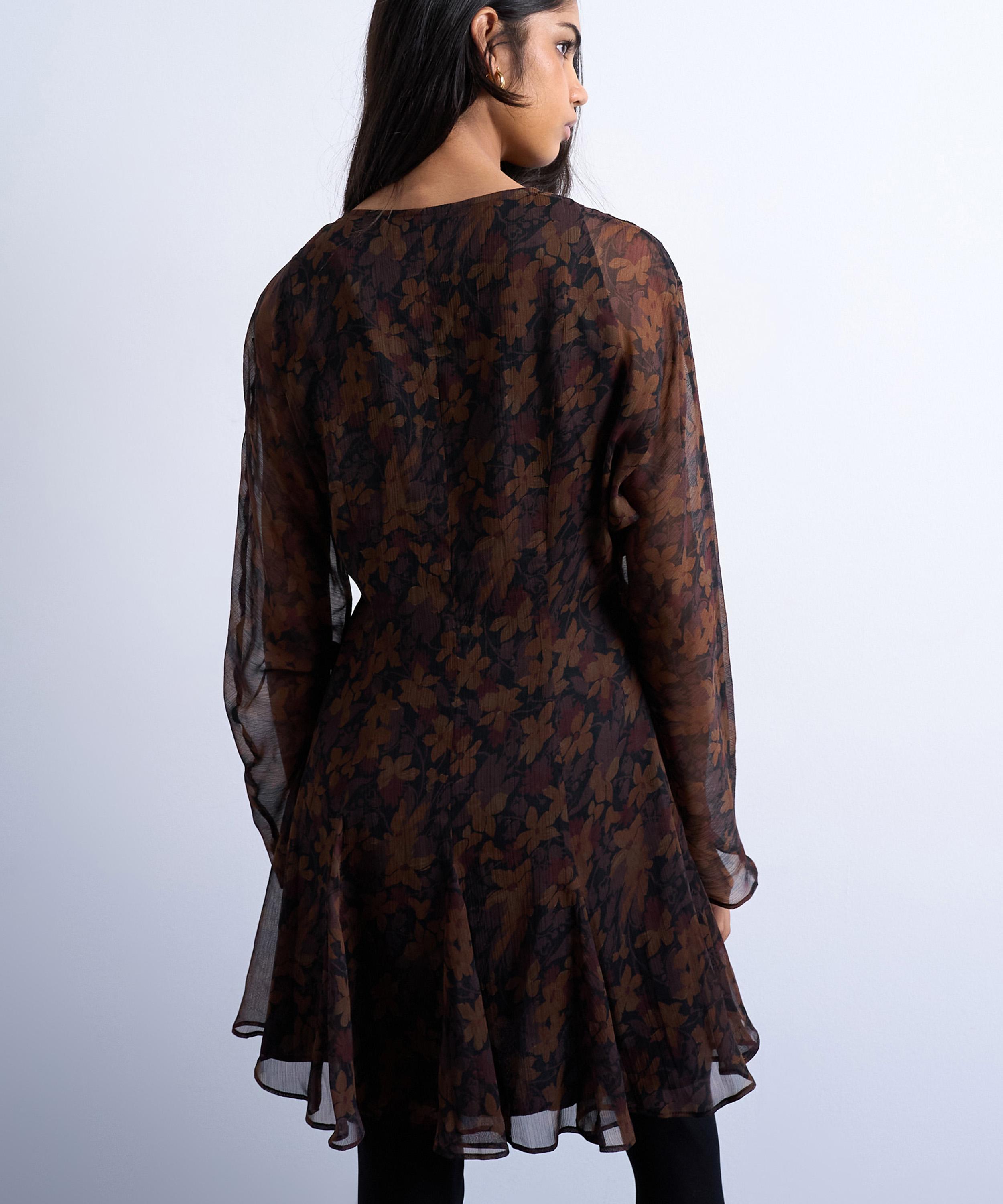 TOPSHOP - Dark Based Floral Long-Sleeve Mini Tea Dress image number 1