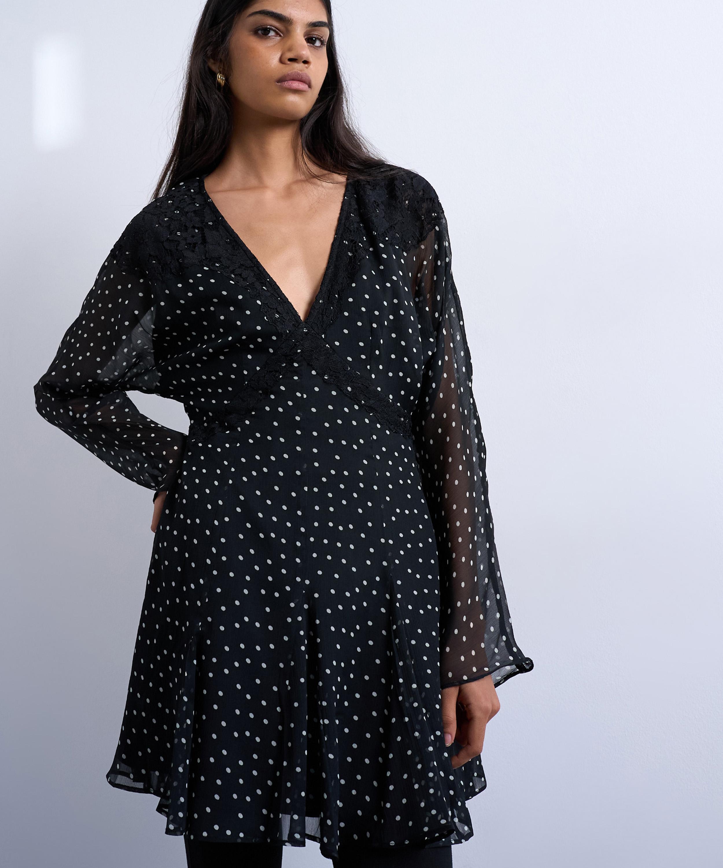 TOPSHOP - Mono Spot Longsleeve Lace Trim Mini Tea Dress image number 0