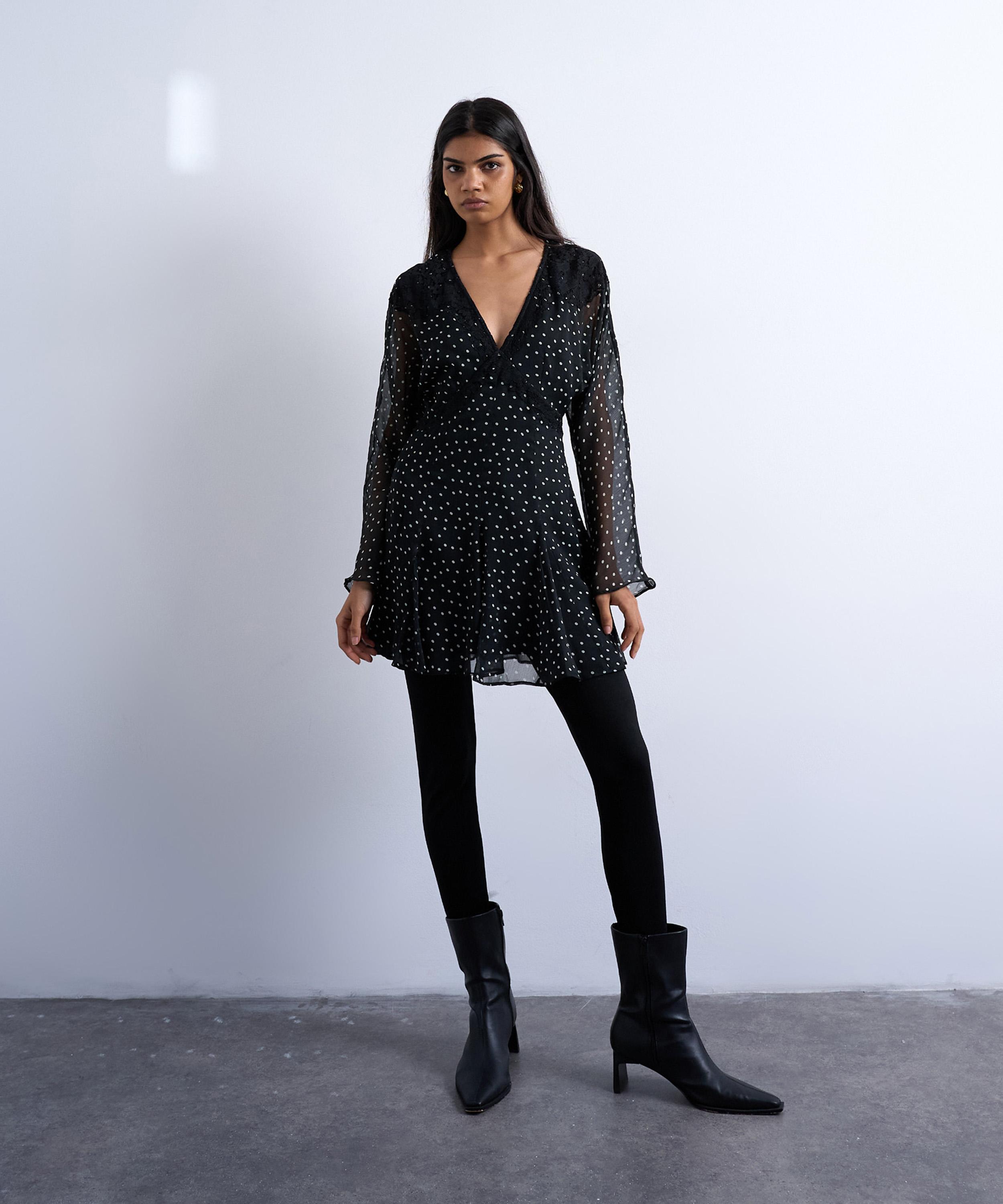 TOPSHOP - Mono Spot Longsleeve Lace Trim Mini Tea Dress image number 1