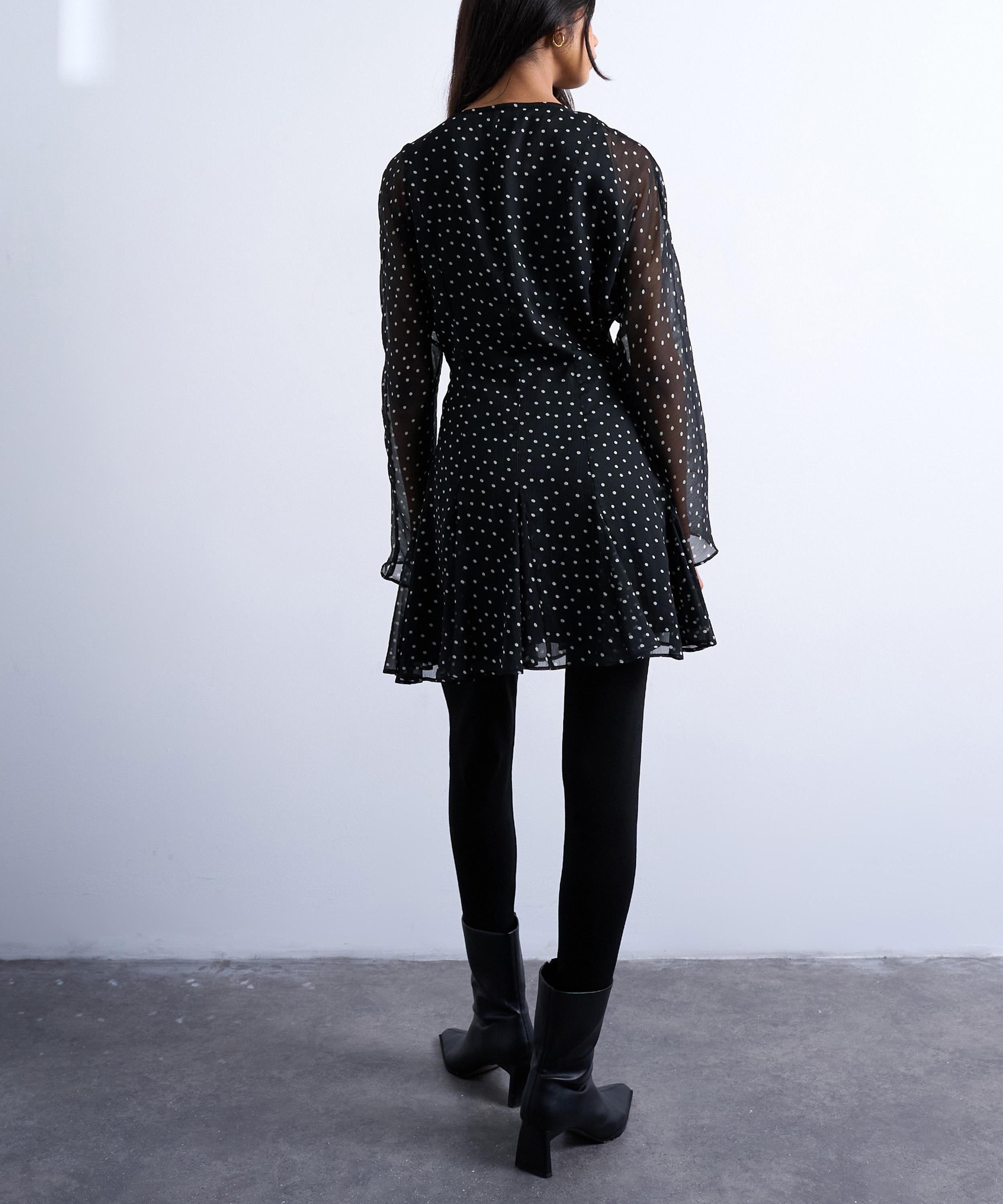 TOPSHOP - Mono Spot Longsleeve Lace Trim Mini Tea Dress image number 3