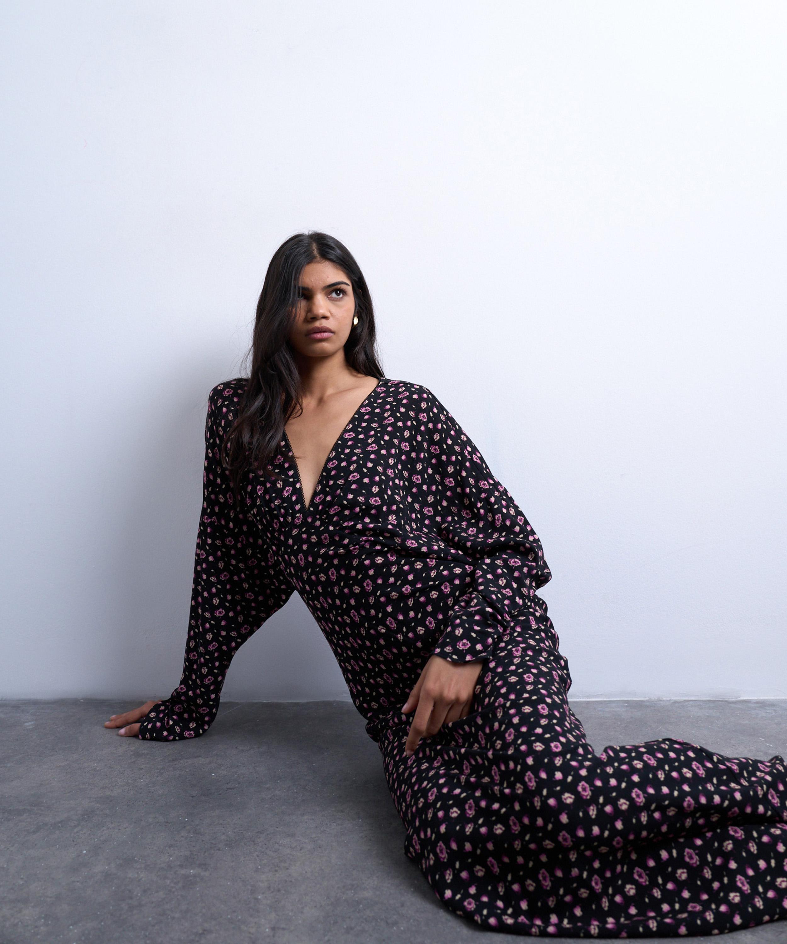 TOPSHOP - Floral Print Midi Long-Sleeve Tea Dress