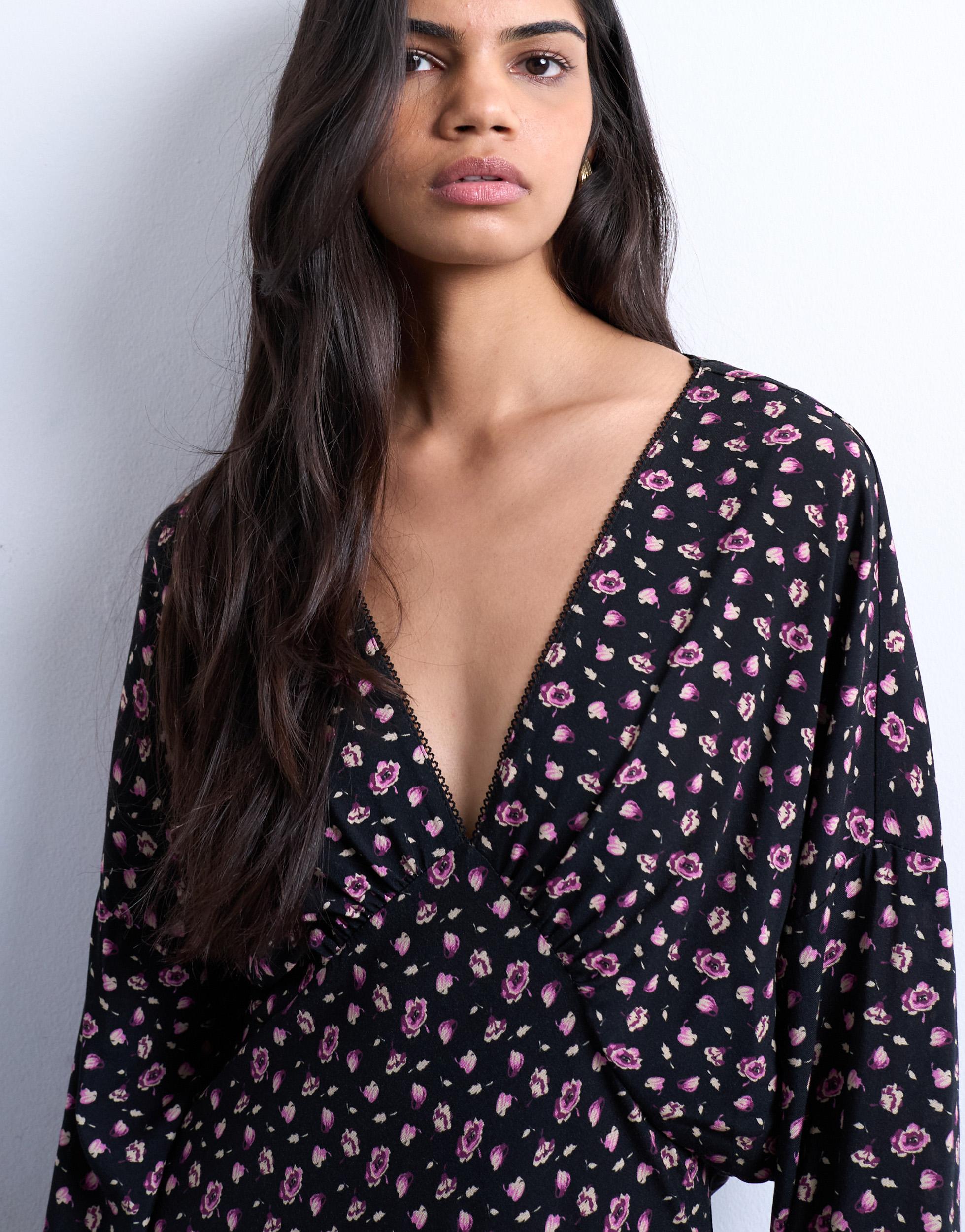 TOPSHOP - Floral Print Midi Long-Sleeve Tea Dress image number 2