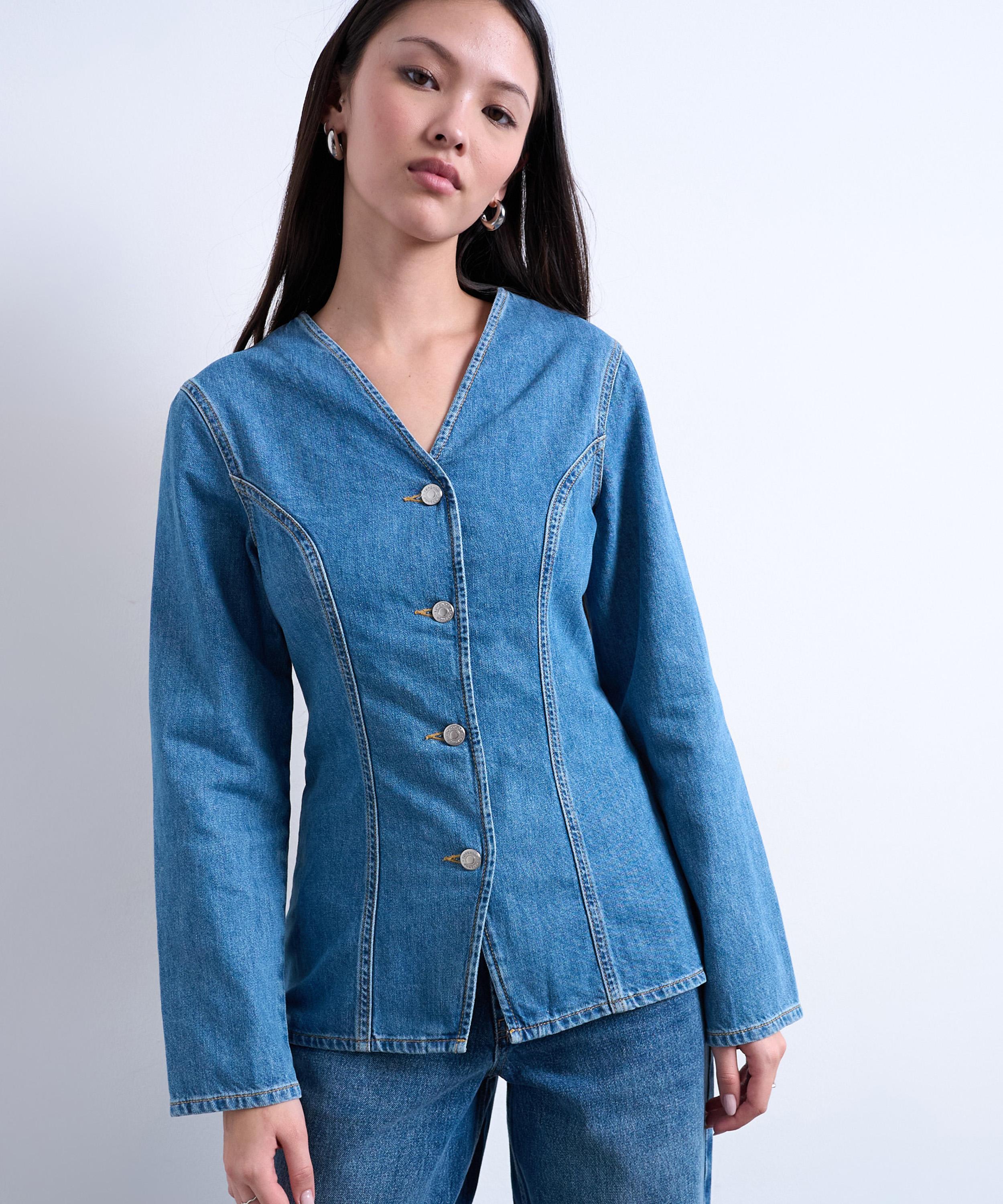 TOPSHOP - Denim V-Neck Cinched Shirt image number 0