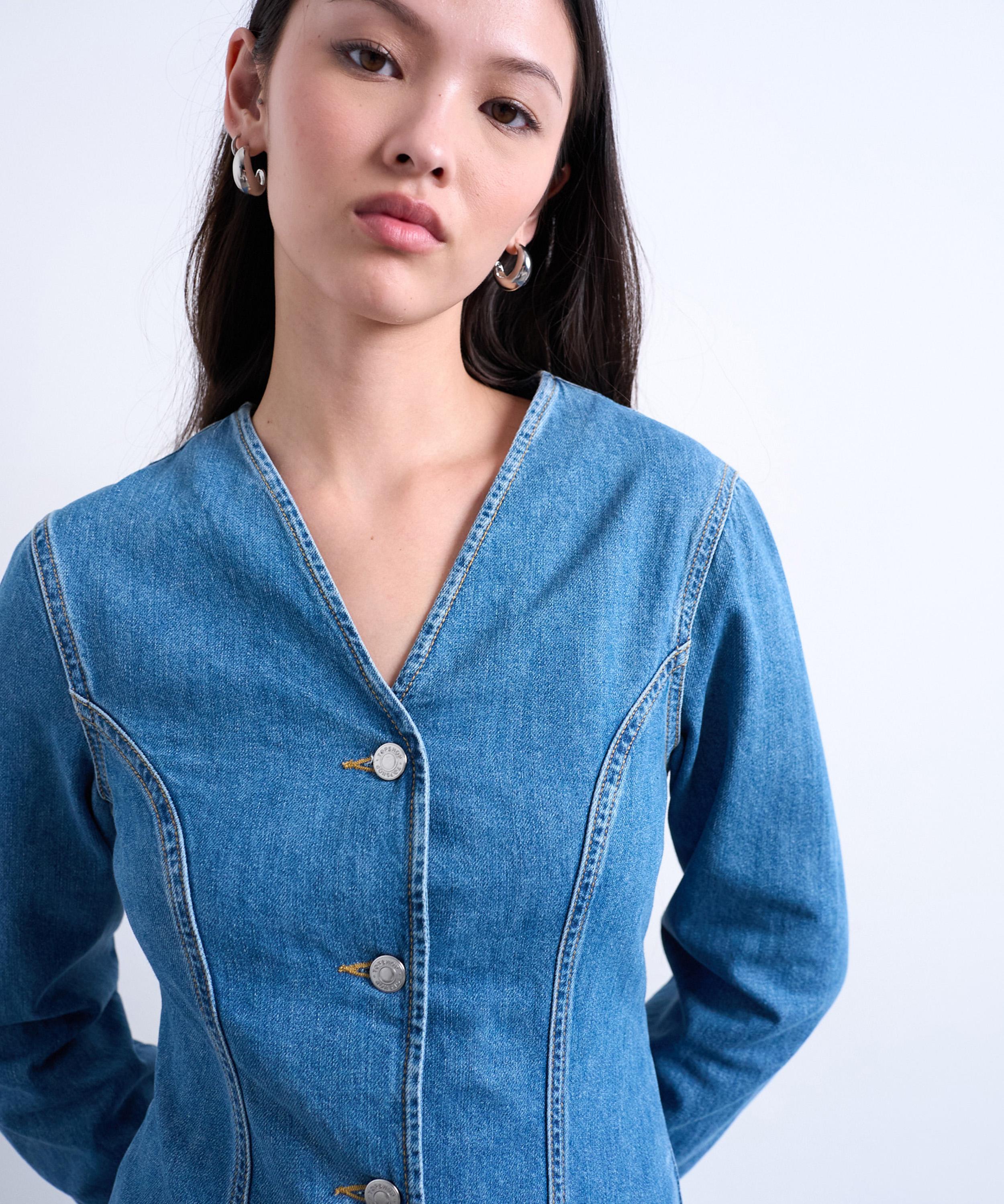 TOPSHOP - Denim V-Neck Cinched Shirt image number 1