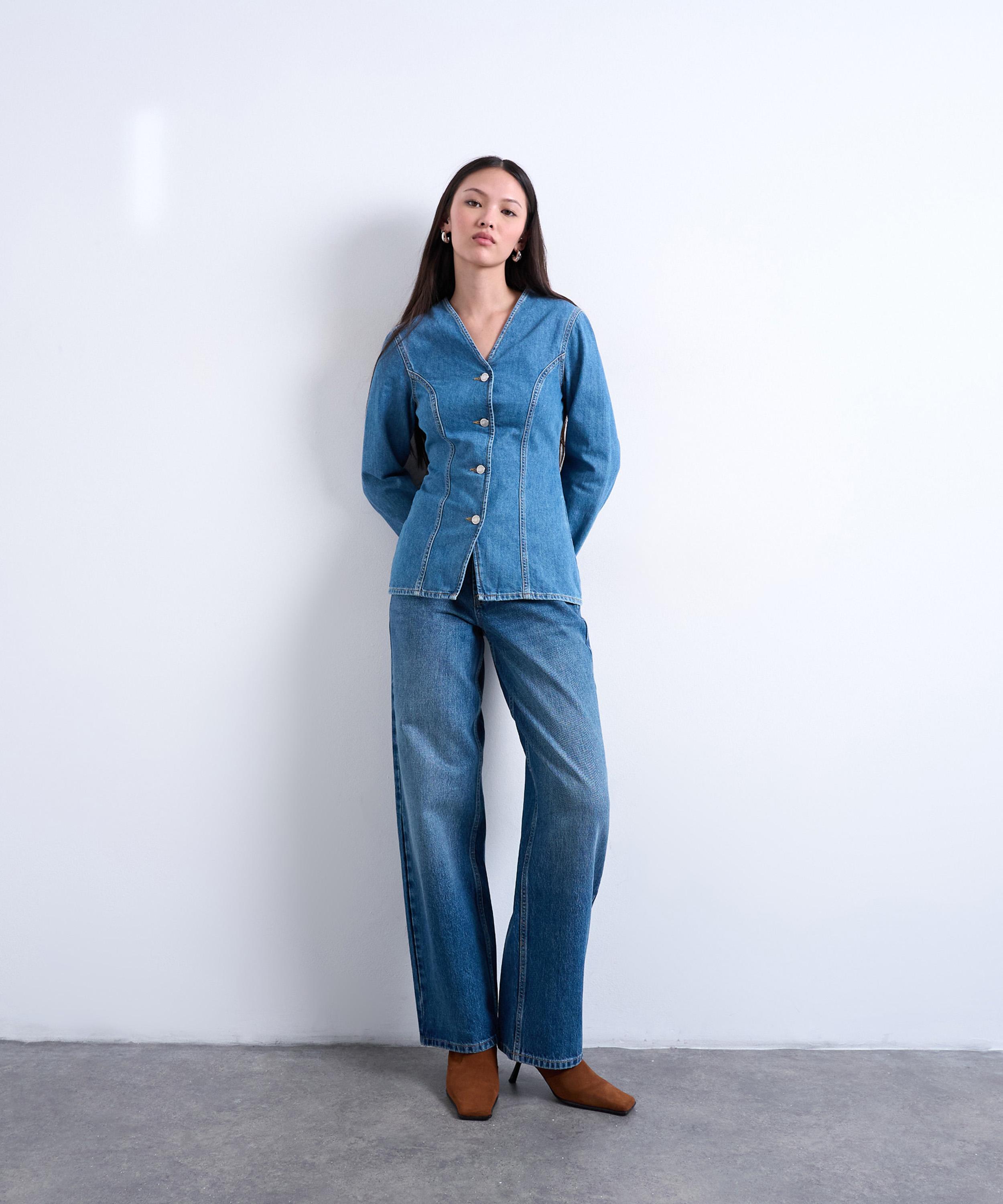 TOPSHOP - Denim V-Neck Cinched Shirt image number 3