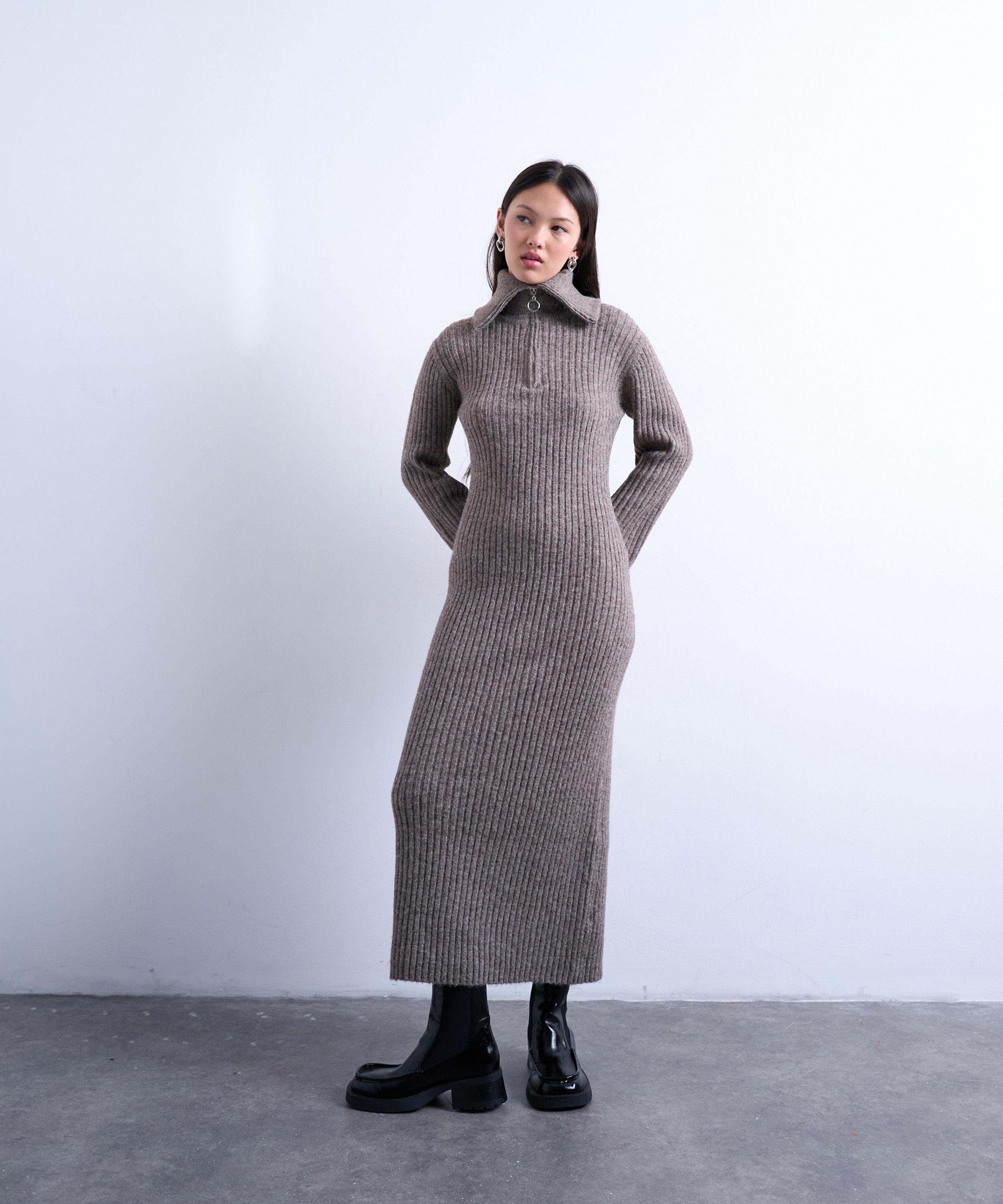 TOPSHOP - Brown Knitted Ring Zip Midi Dress