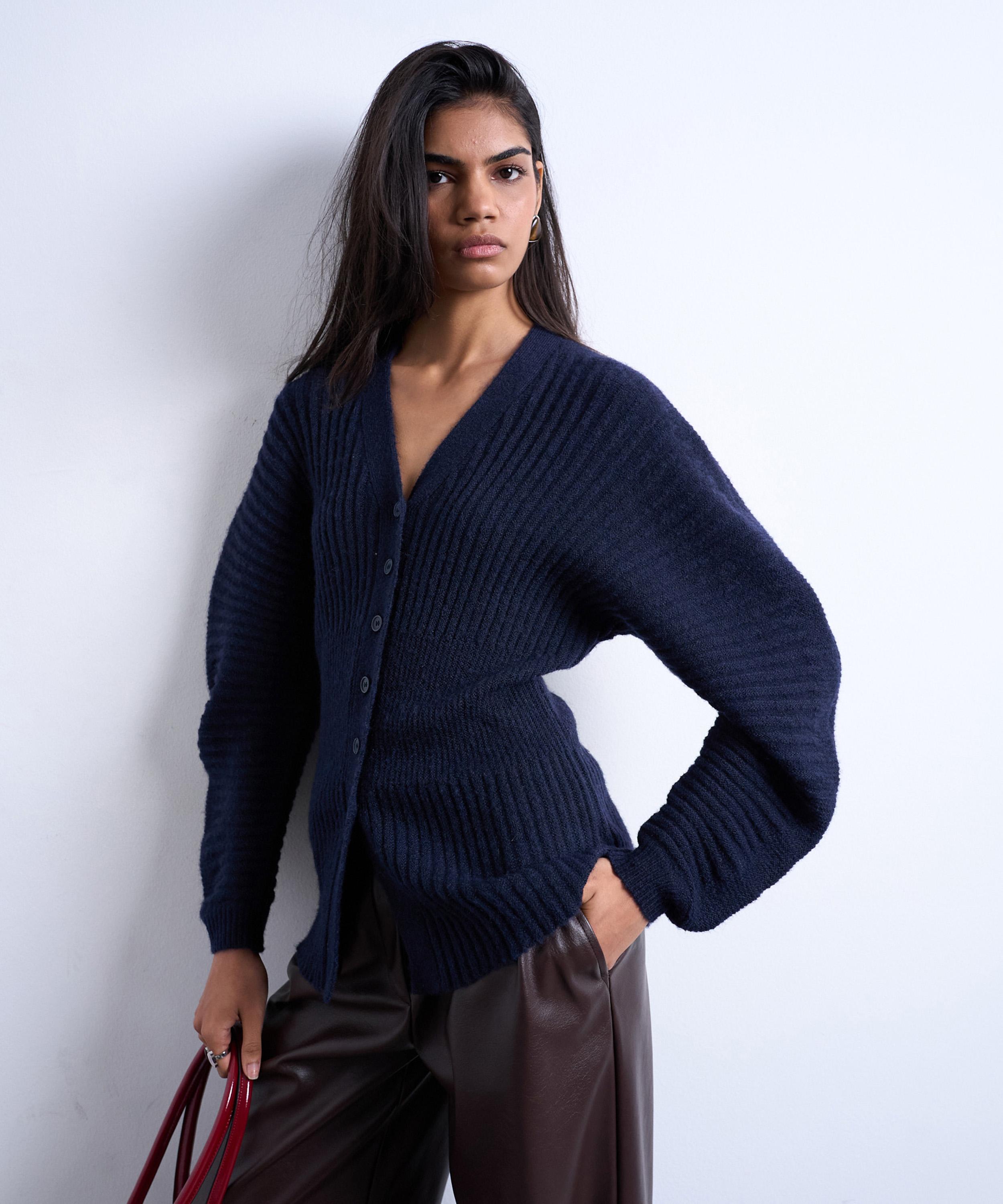 TOPSHOP - Navy Knitted Ovoid Sleeve Cinch Cardigan