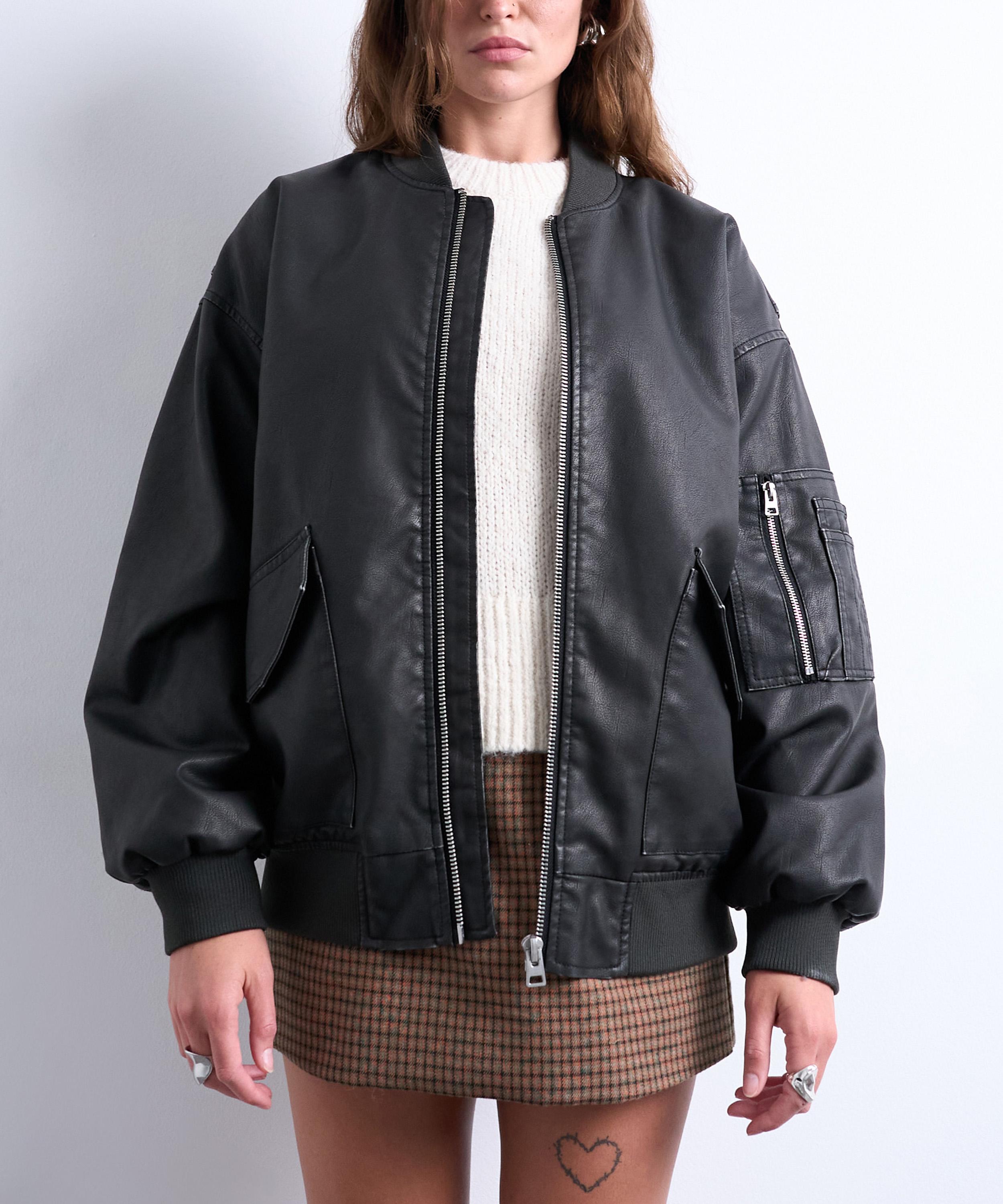 TOPSHOP - Black Faux Leather MA1 Bomber Jacket