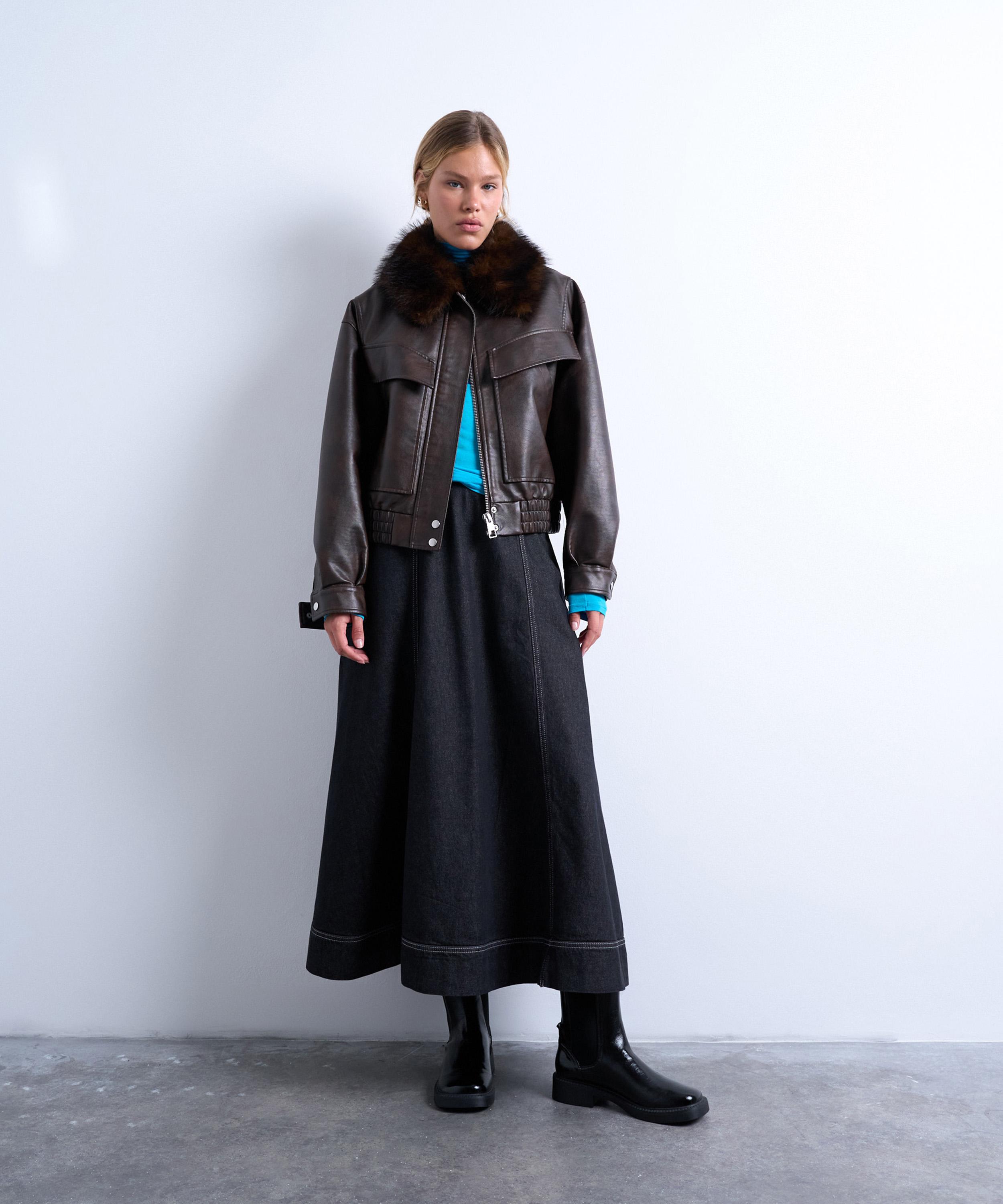 TOPSHOP - Faux Leather Boxy Bomber Jacket with Detachable Fur Collar image number 1