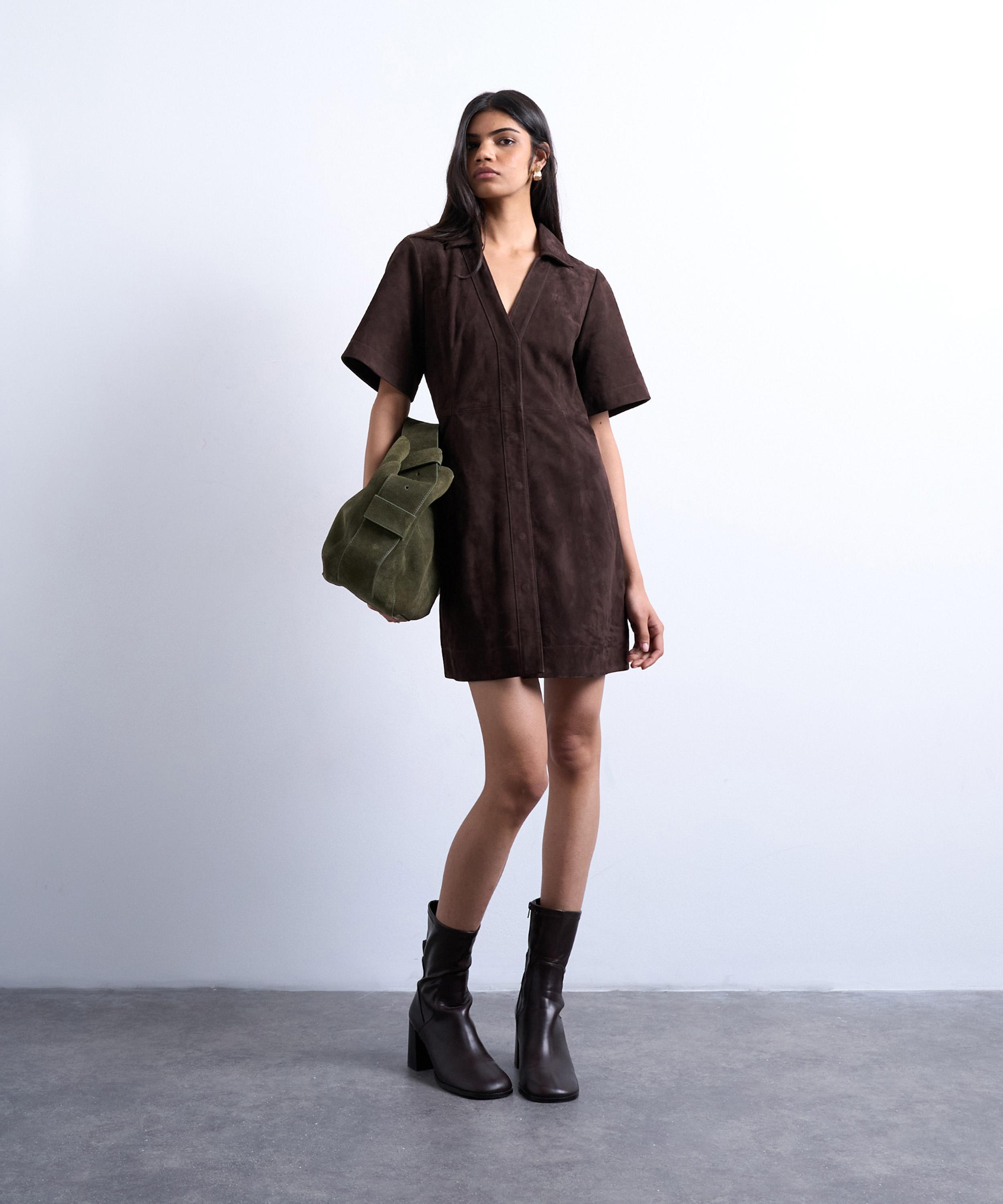 TOPSHOP - Real Suede Open Collar Mini Shirt Dress