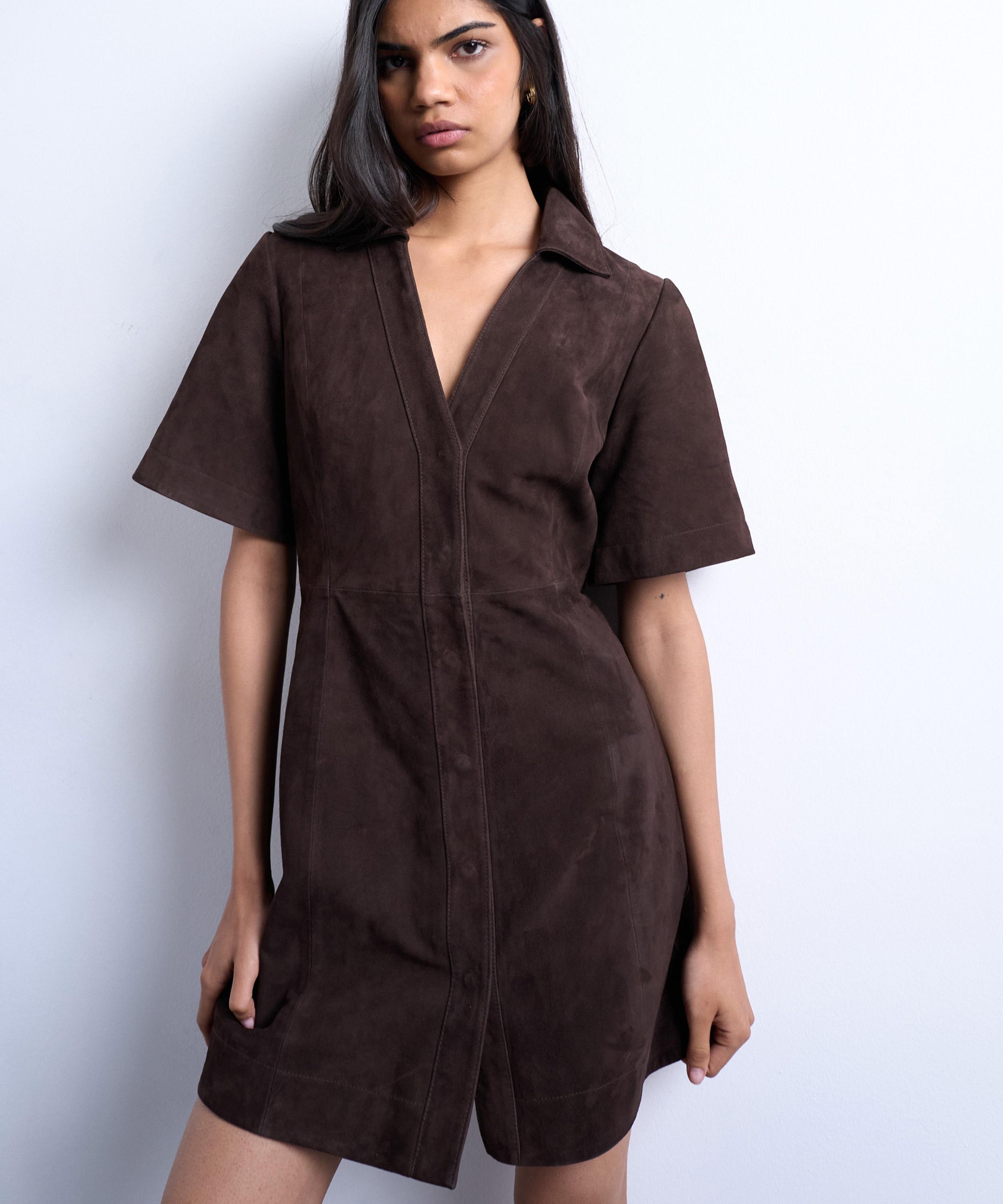 TOPSHOP - Real Suede Open Collar Mini Shirt Dress image number 1