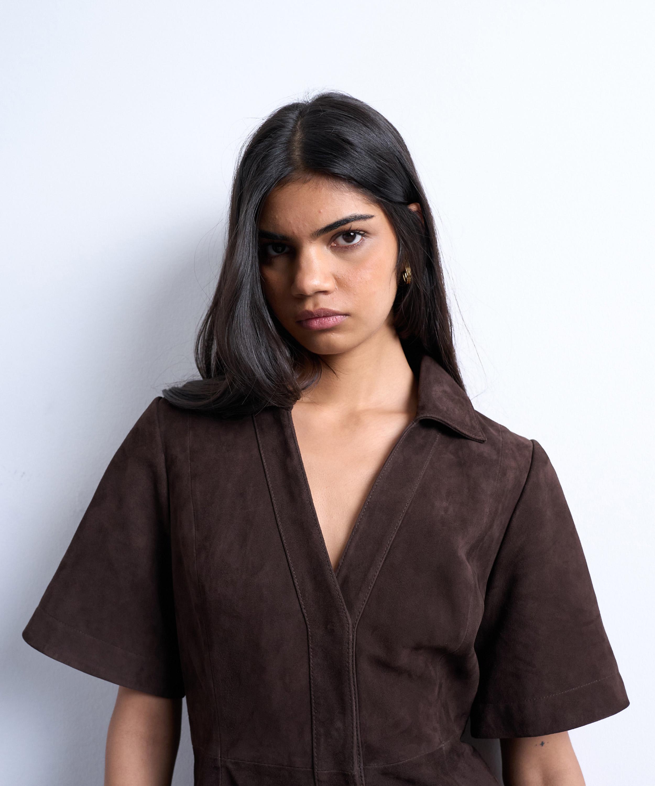 TOPSHOP - Real Suede Open Collar Mini Shirt Dress image number 2