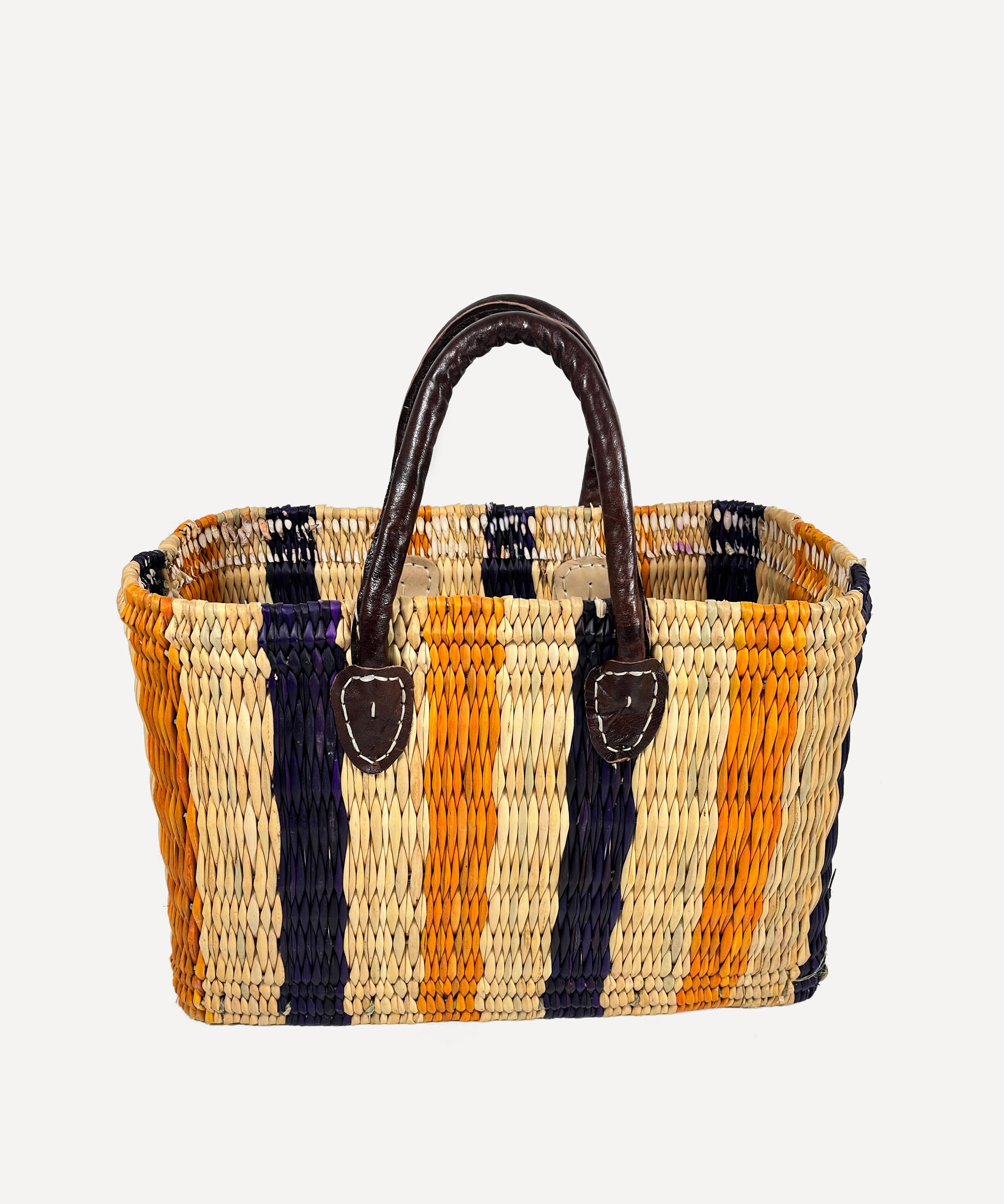 Jarapa - Moroccan Weave Striped Leather-Trim Basket