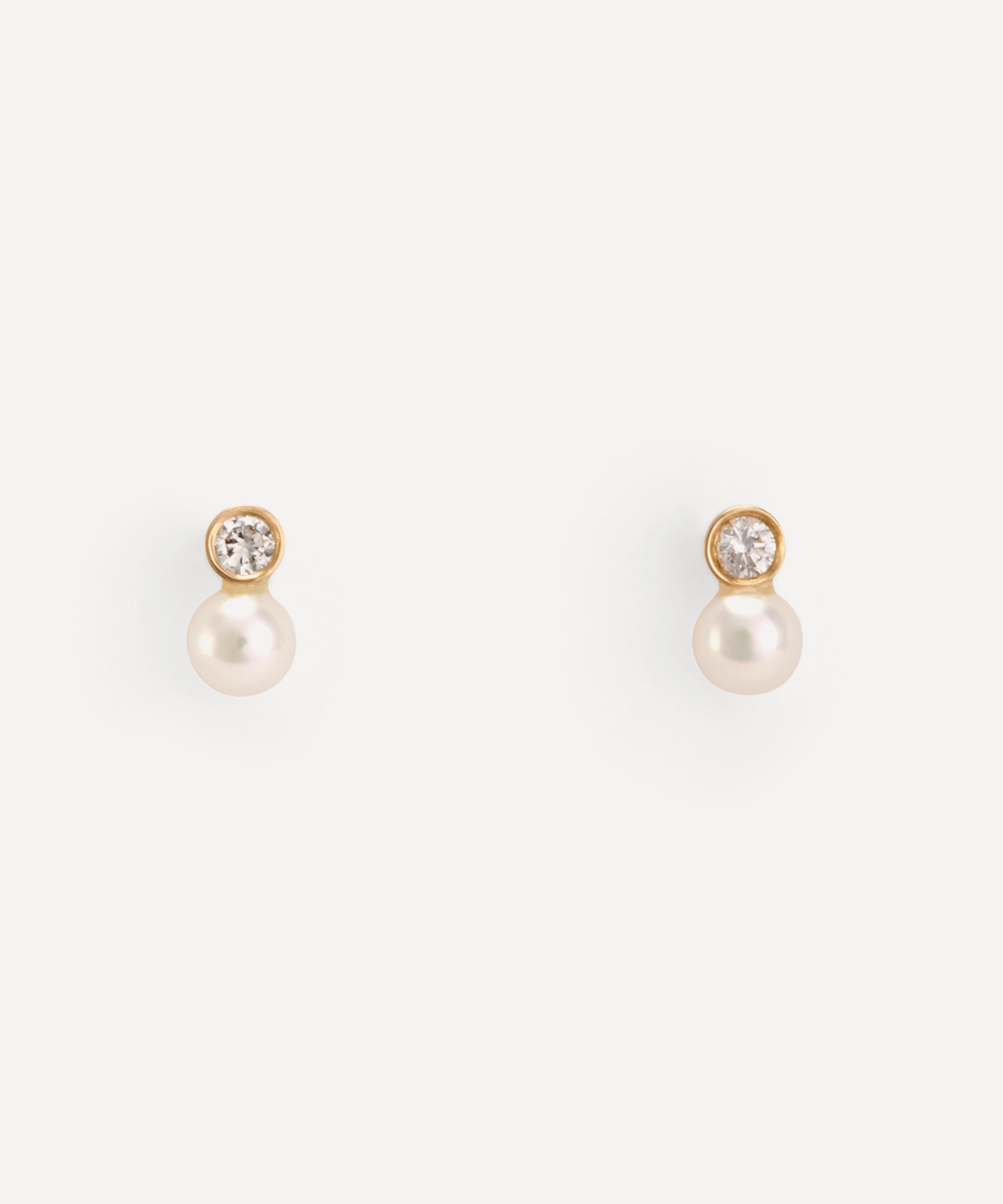 Satomi Kawakita - 14ct Gold Mixed Media Pearl and Diamond Stud Earrings