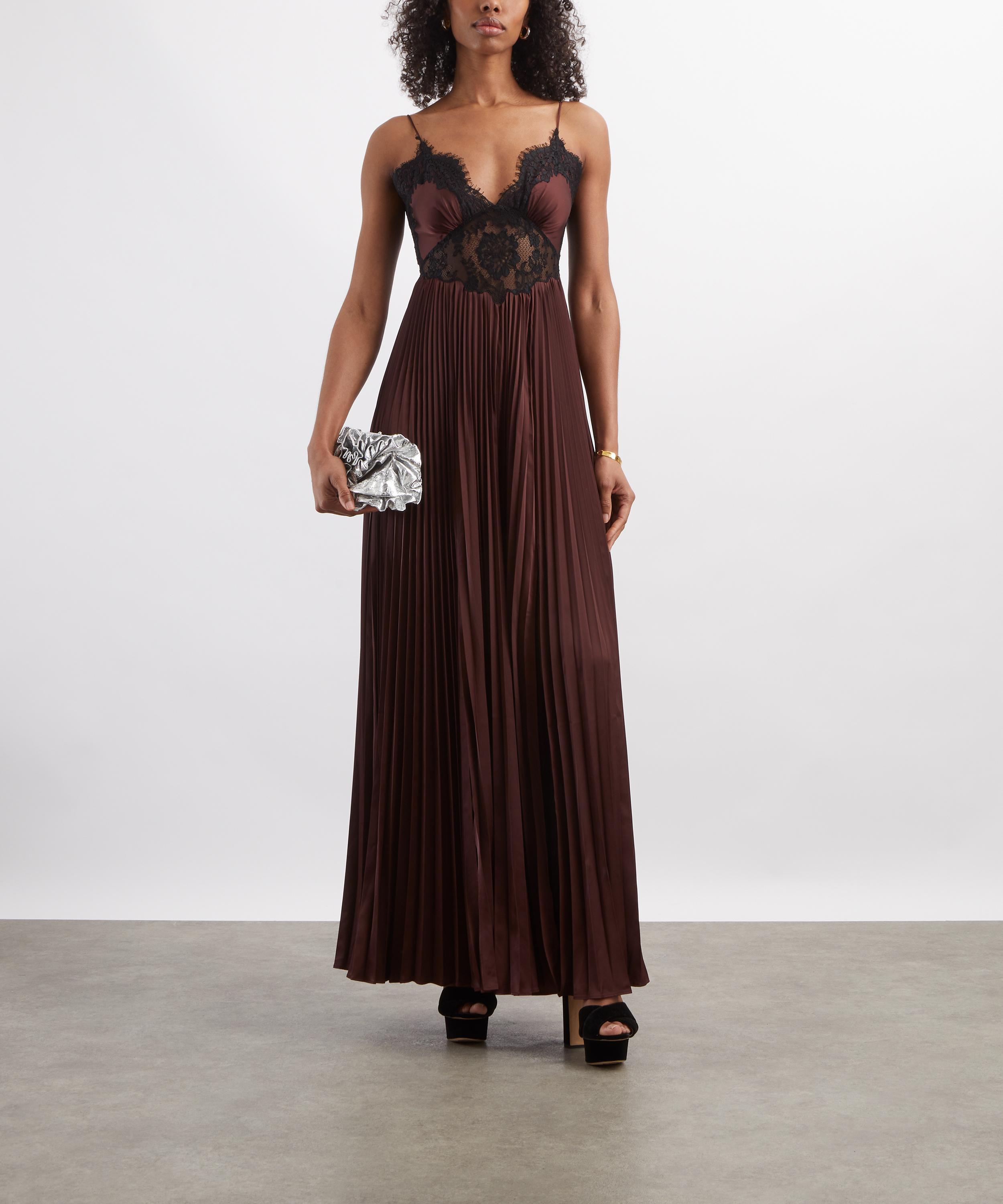 Self-Portrait - Brown Satin Lace Insert Maxi Dress image number 1