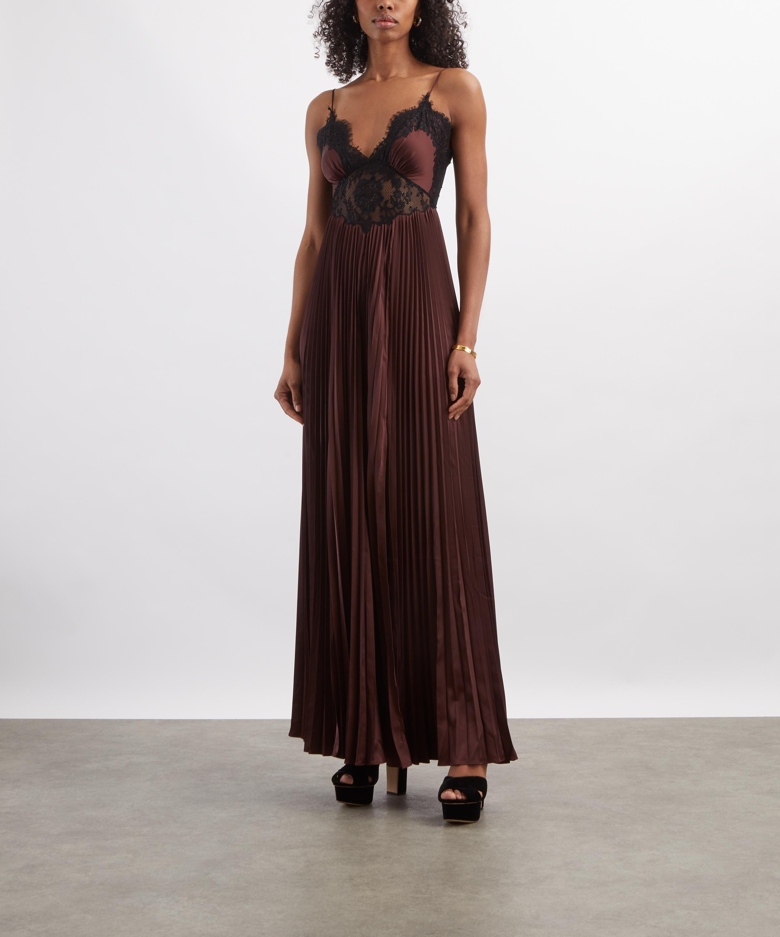 Self-Portrait - Brown Satin Lace Insert Maxi Dress image number 2