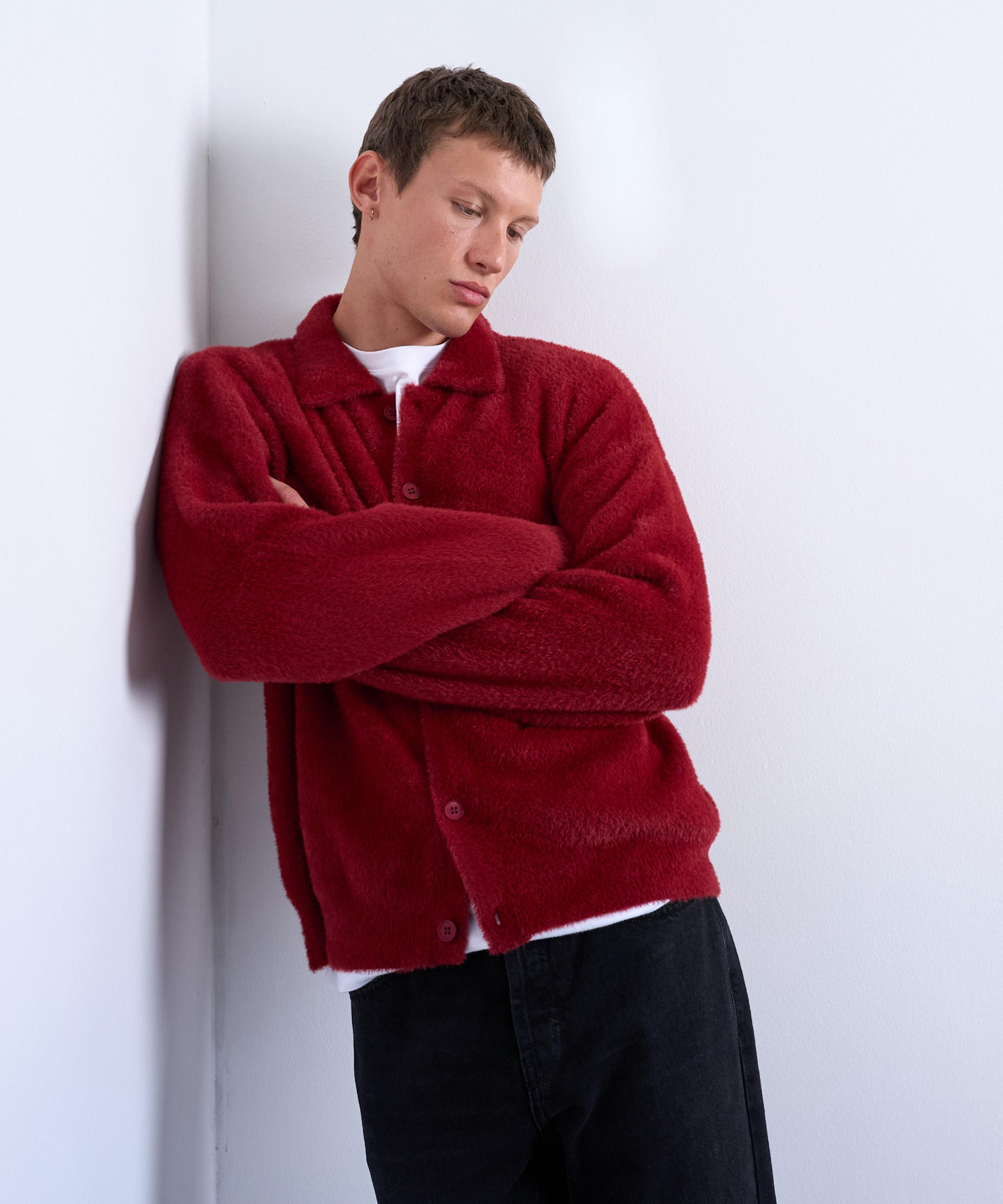 TOPMAN - Burgundy Fluffy Knit Cardigan image number 1